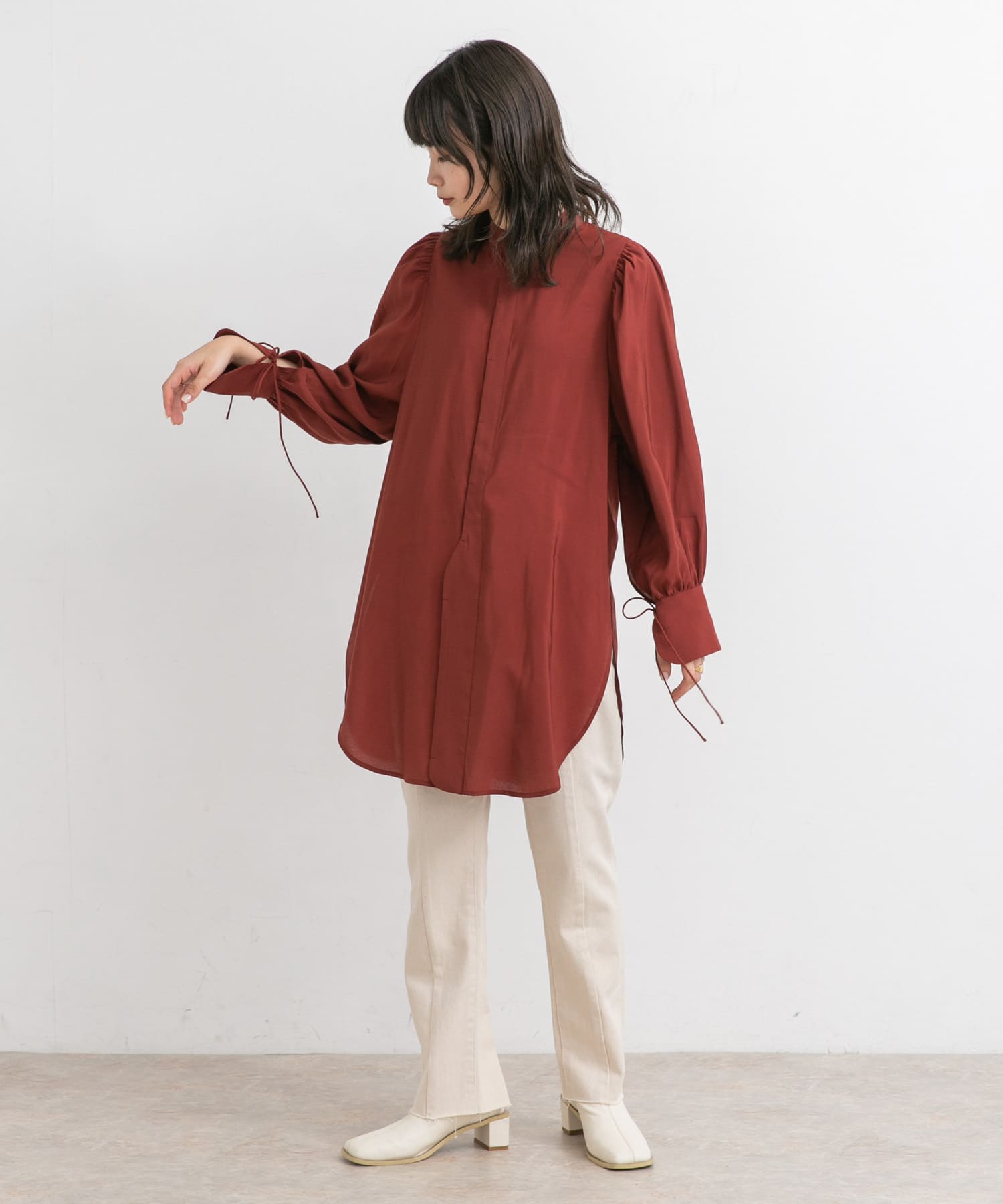 バンドカラーボリュームスリーブシャツ MAROON one