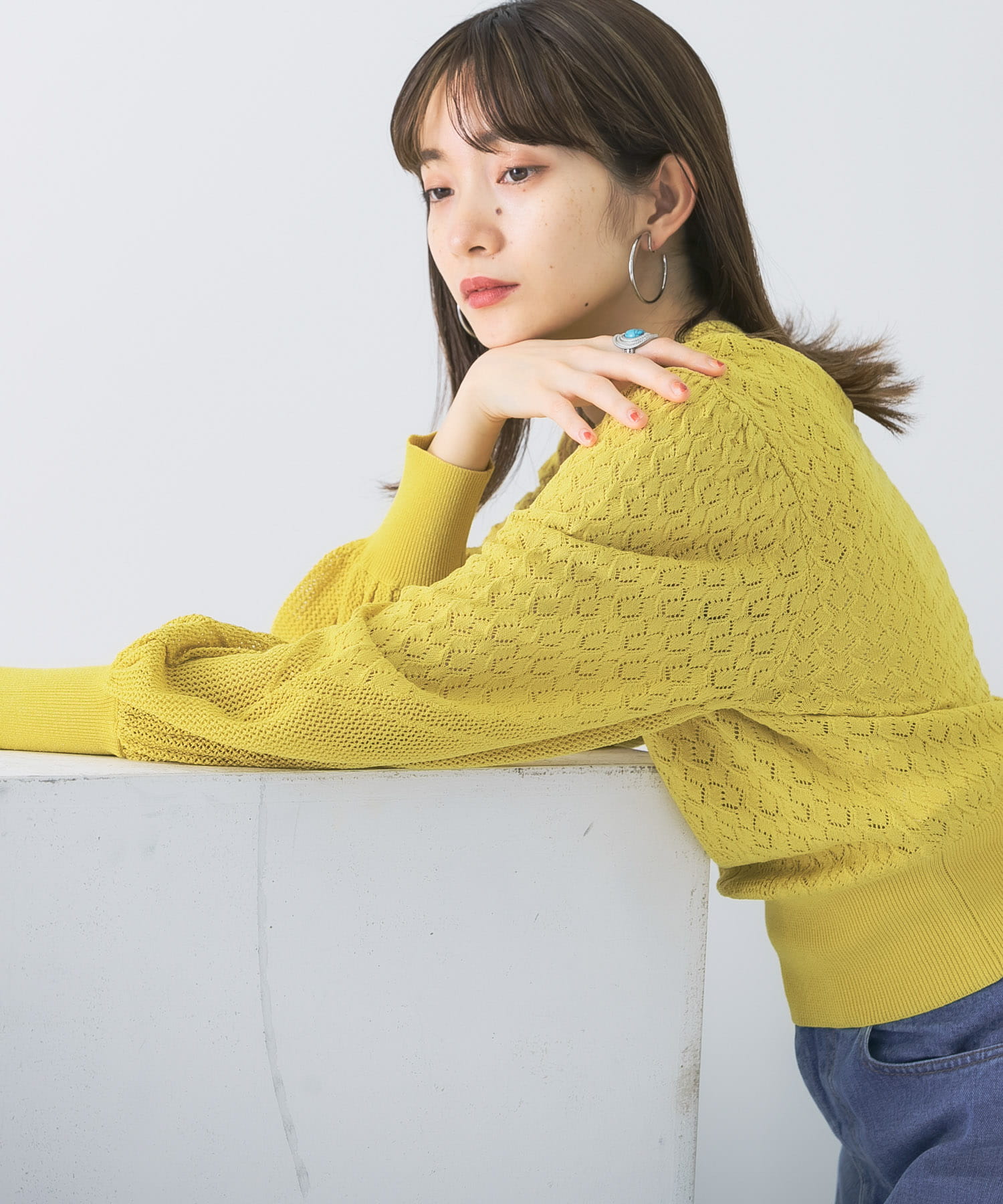ボリュームスリーブパターン編みニット YELLOW one