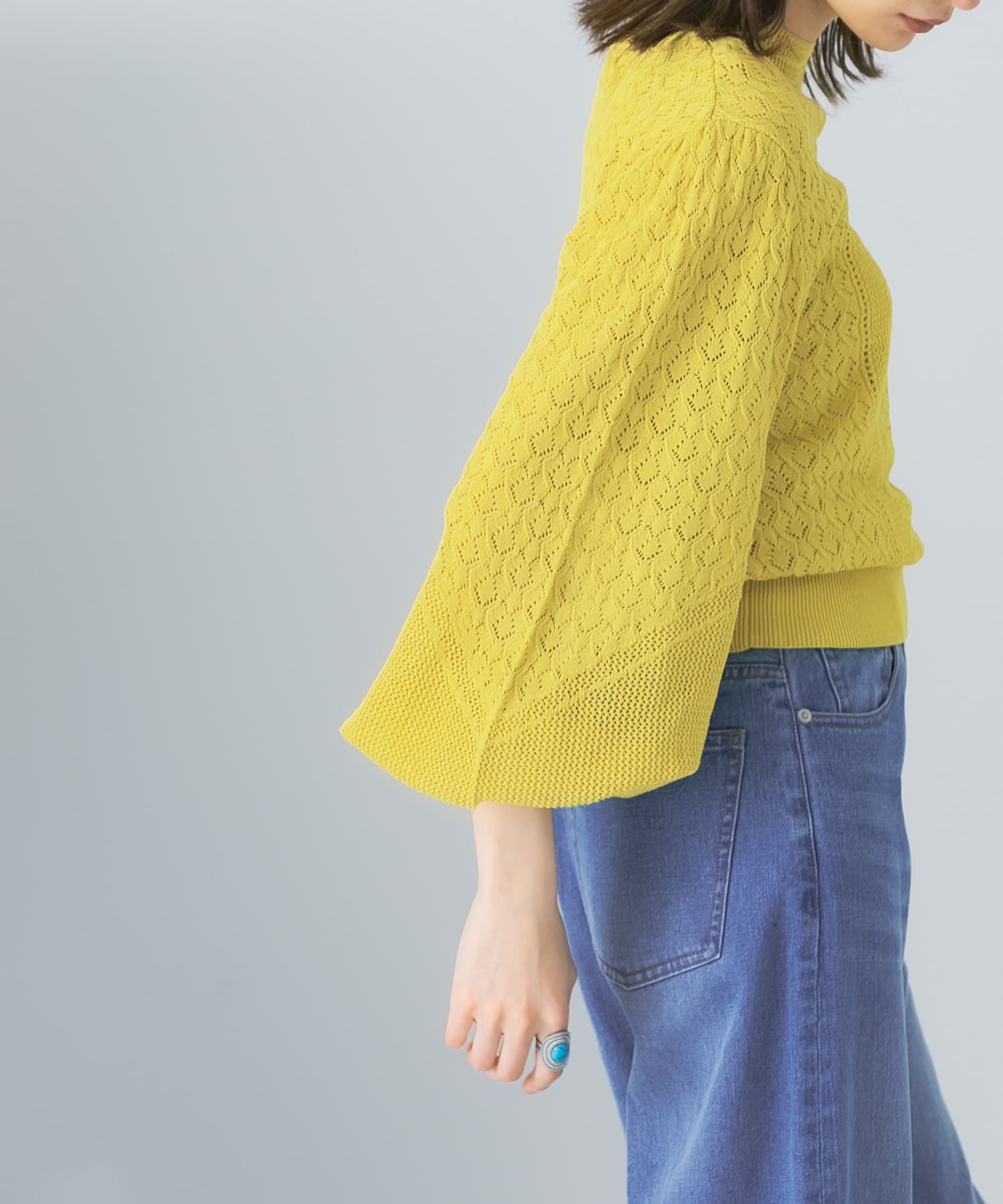 ボリュームスリーブパターン編みニット YELLOW one