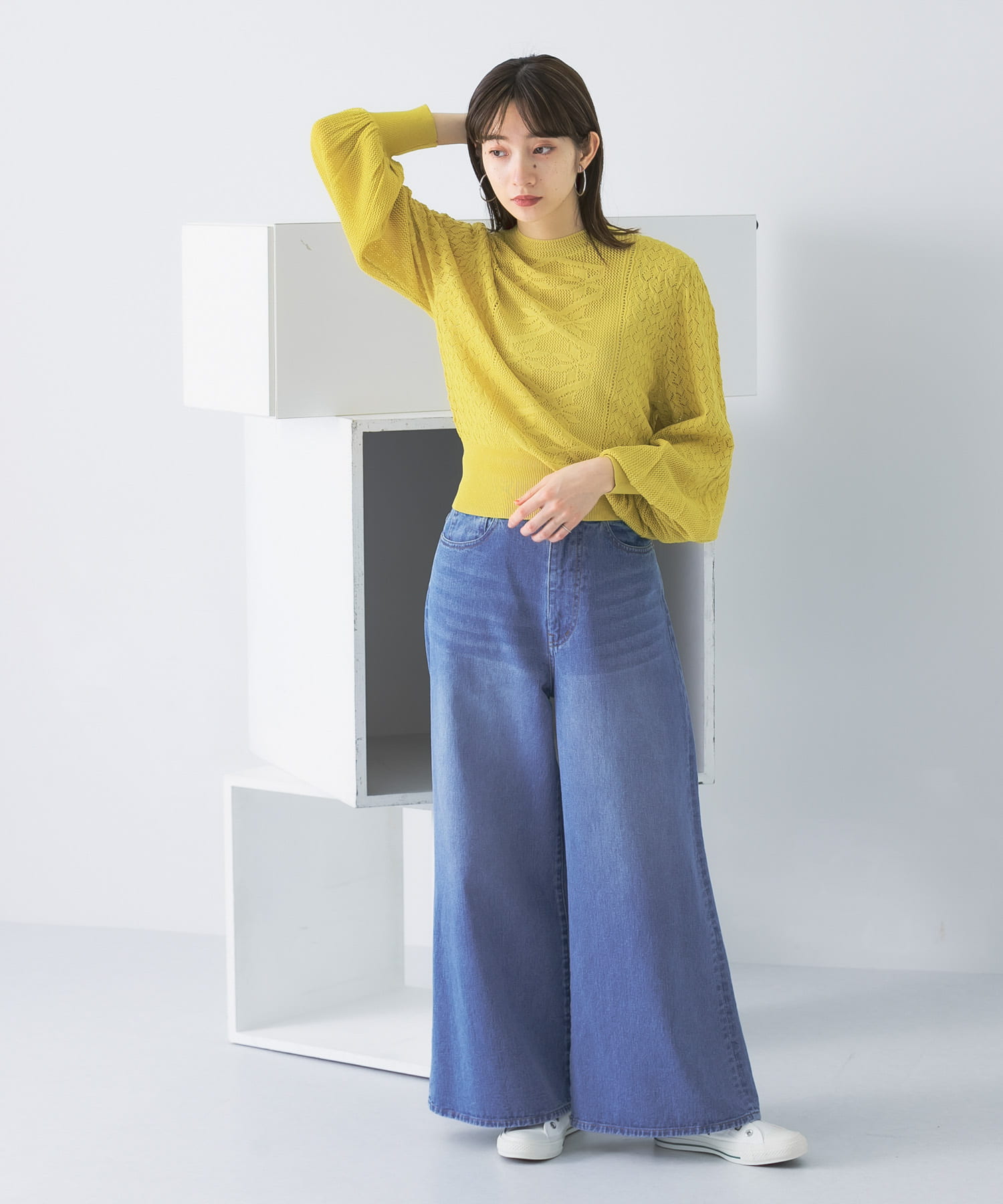 ボリュームスリーブパターン編みニット YELLOW one