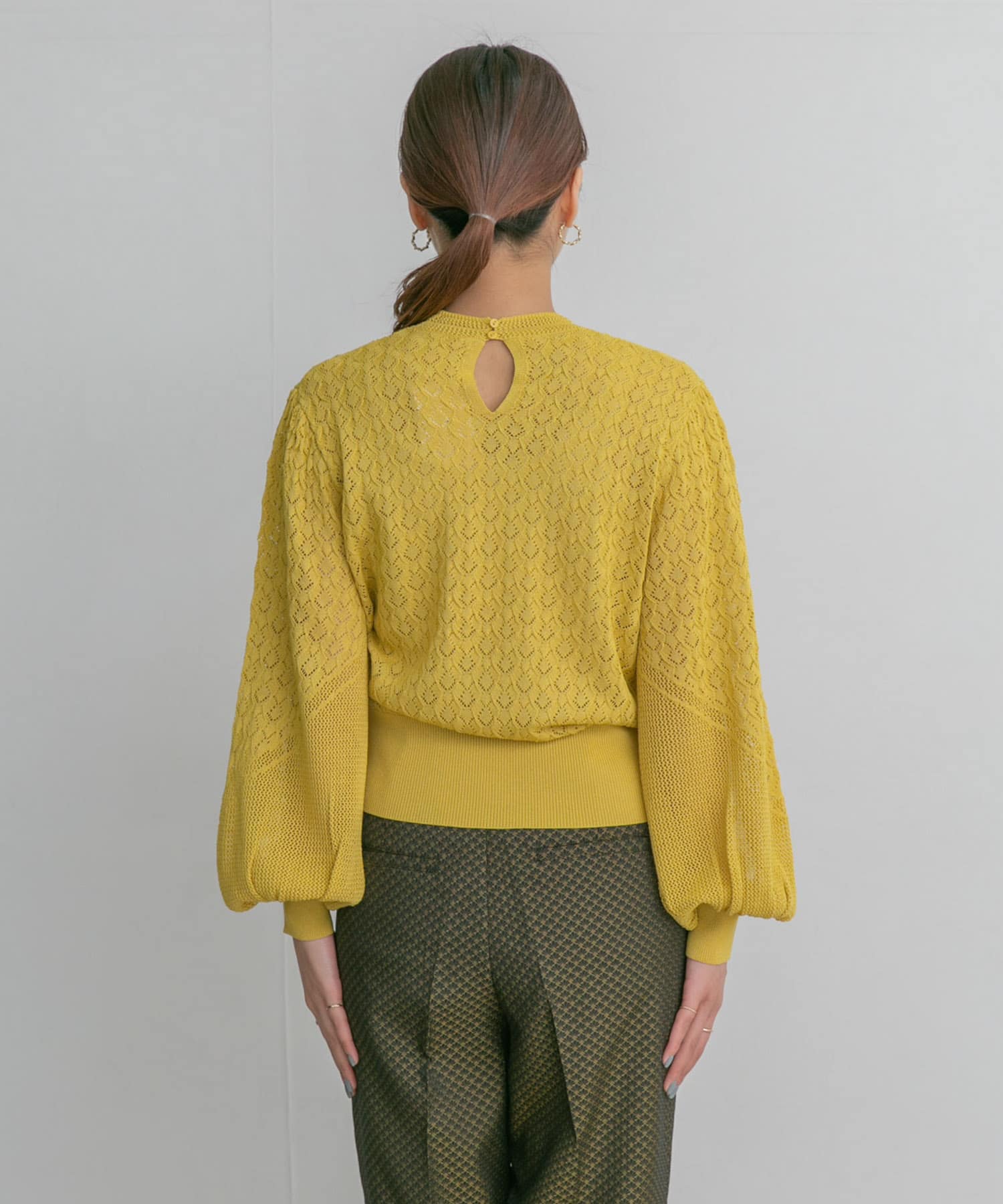 ボリュームスリーブパターン編みニット YELLOW one
