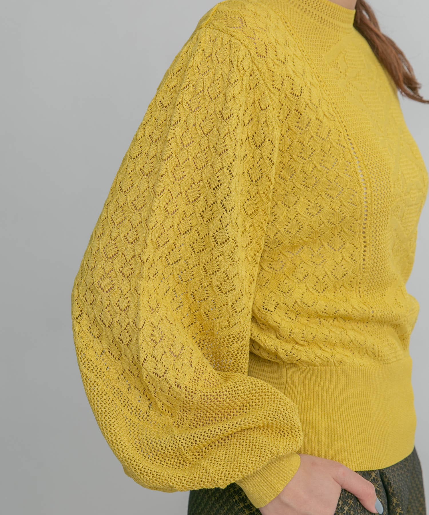 ボリュームスリーブパターン編みニット YELLOW one