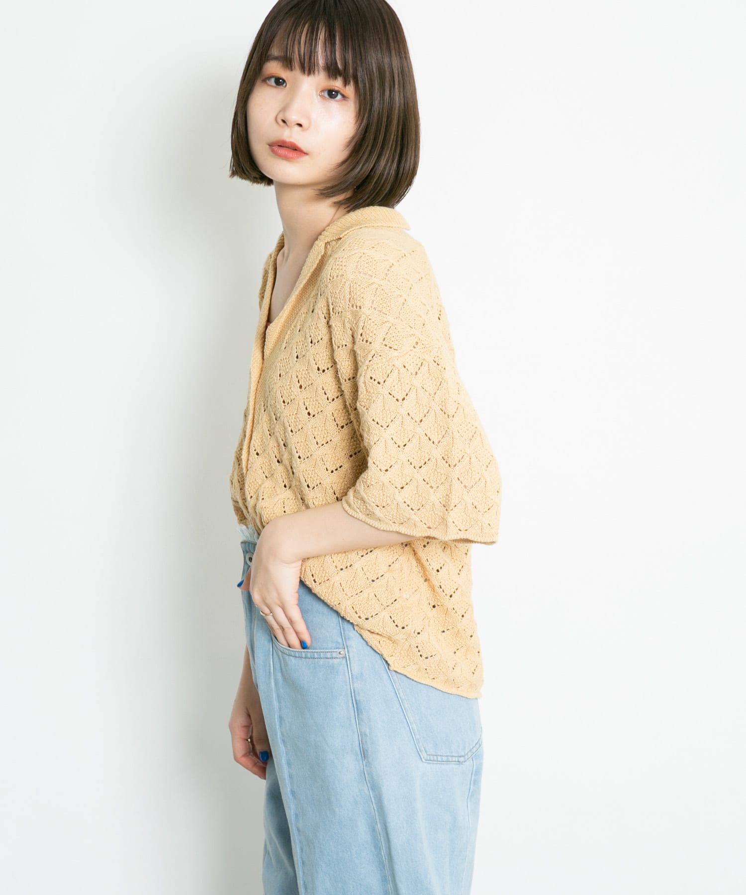 透かし編みオープンカラーニット YELLOW BEG one