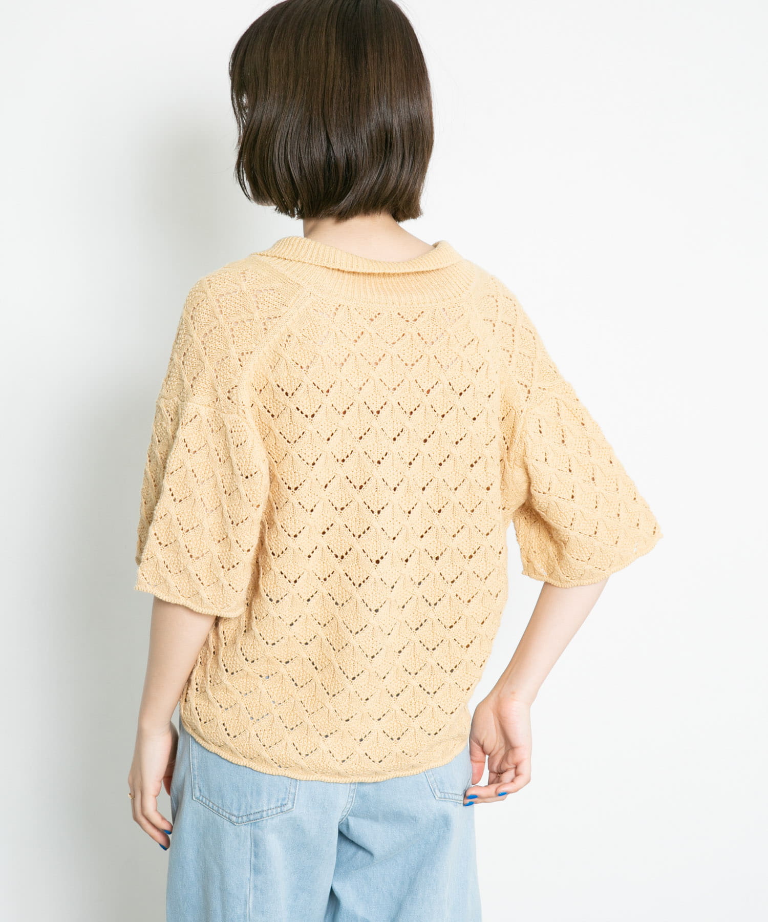 透かし編みオープンカラーニット YELLOW BEG one