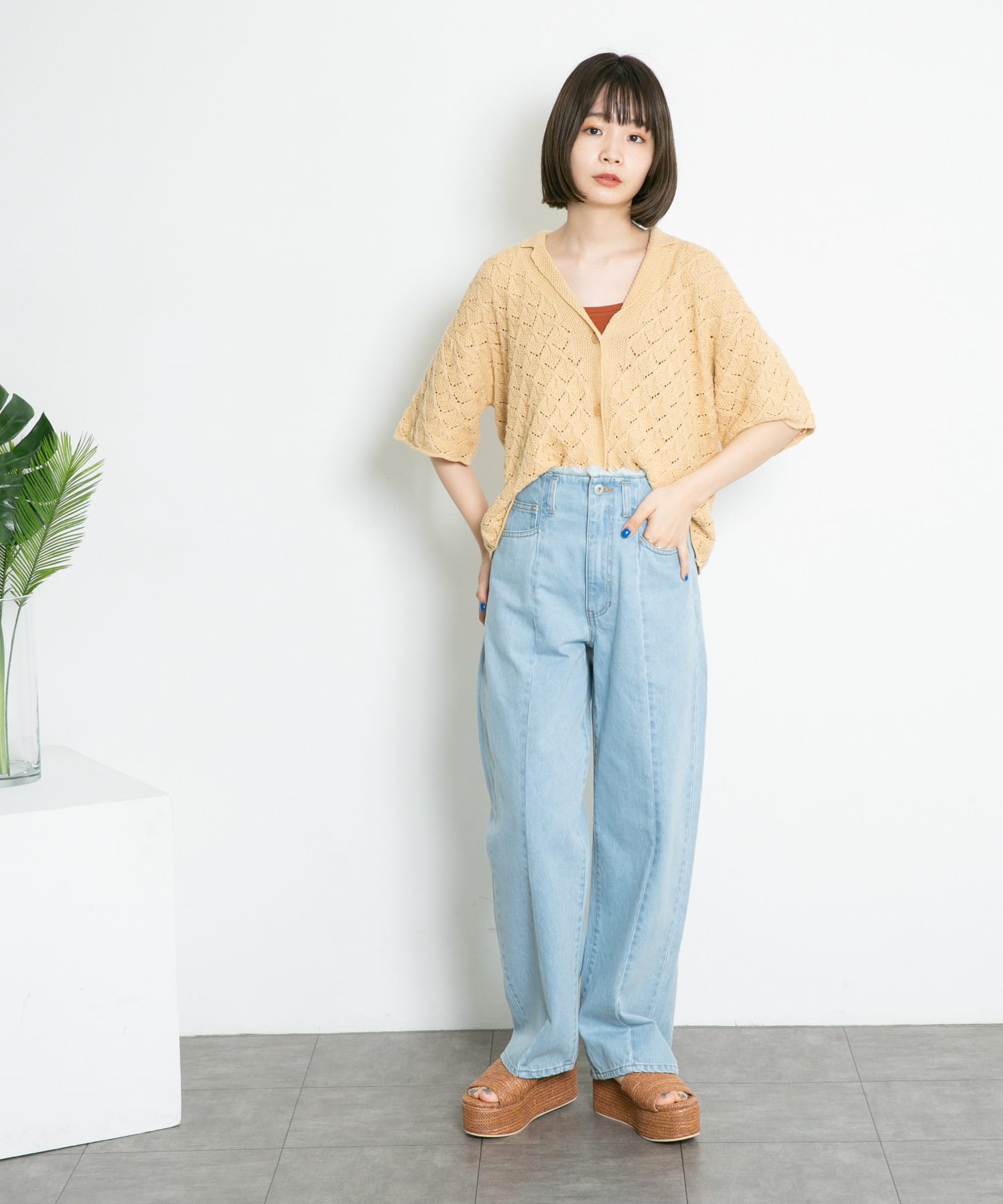 透かし編みオープンカラーニット YELLOW BEG one