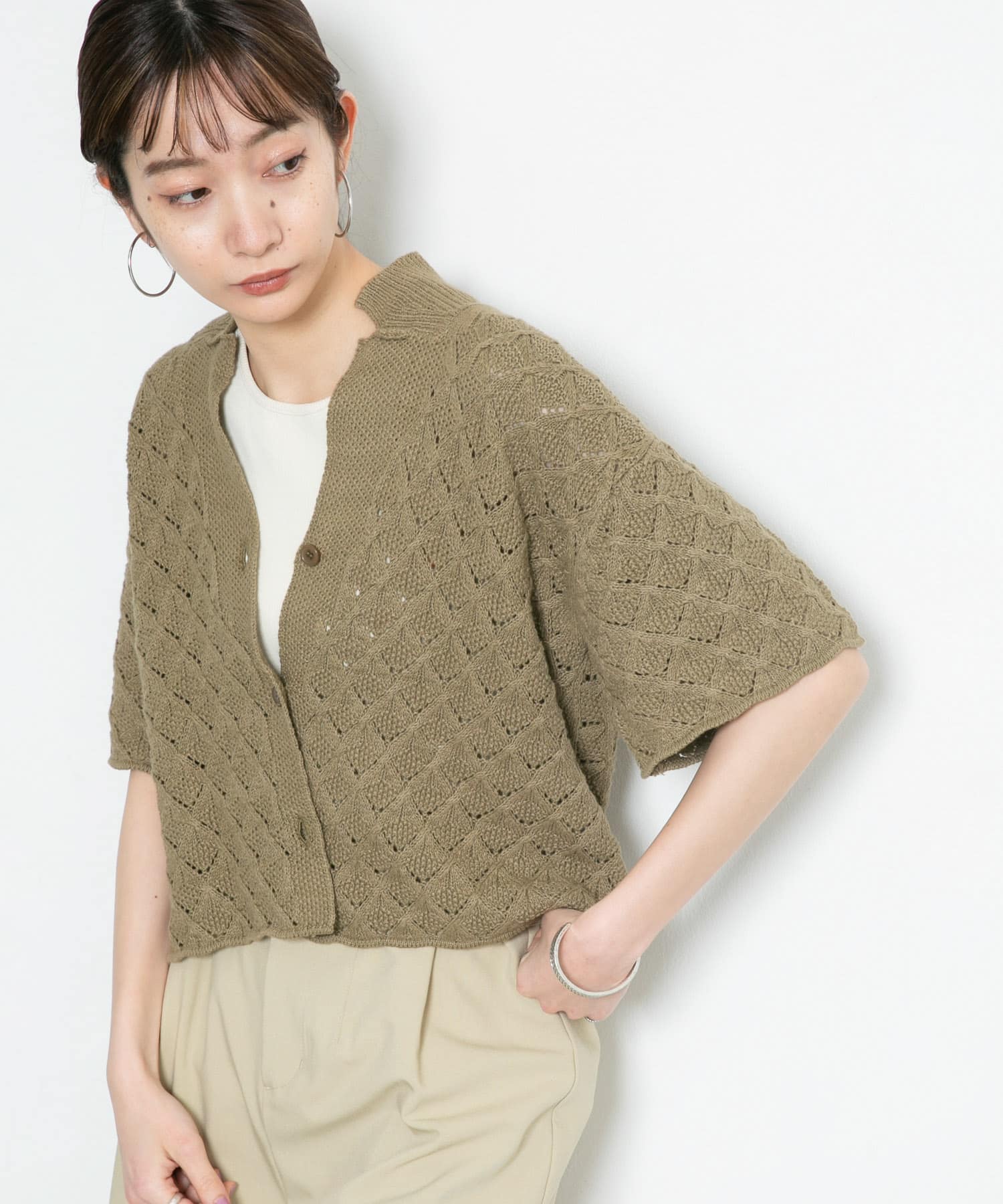 透かし編みオープンカラーニット KHAKI one