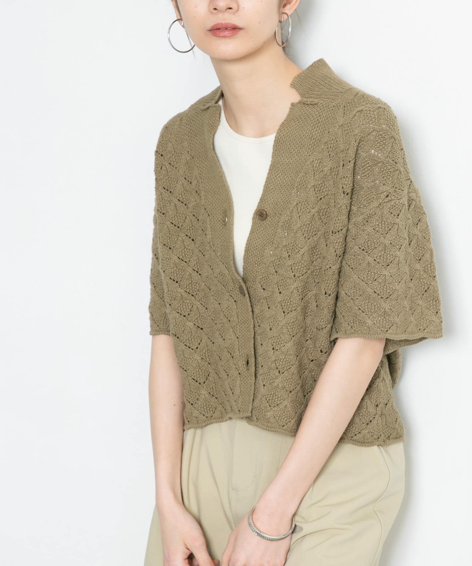 透かし編みオープンカラーニット KHAKI one