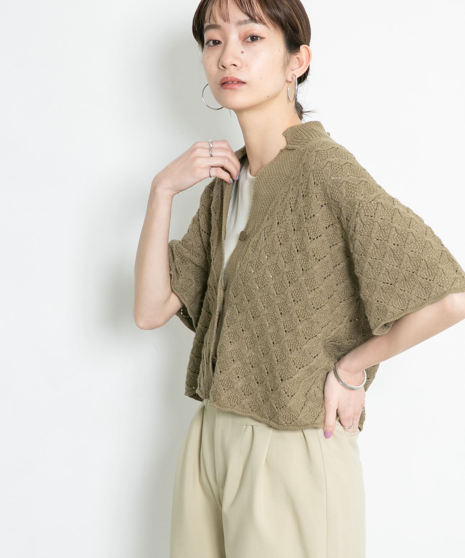 透かし編みオープンカラーニット KHAKI one