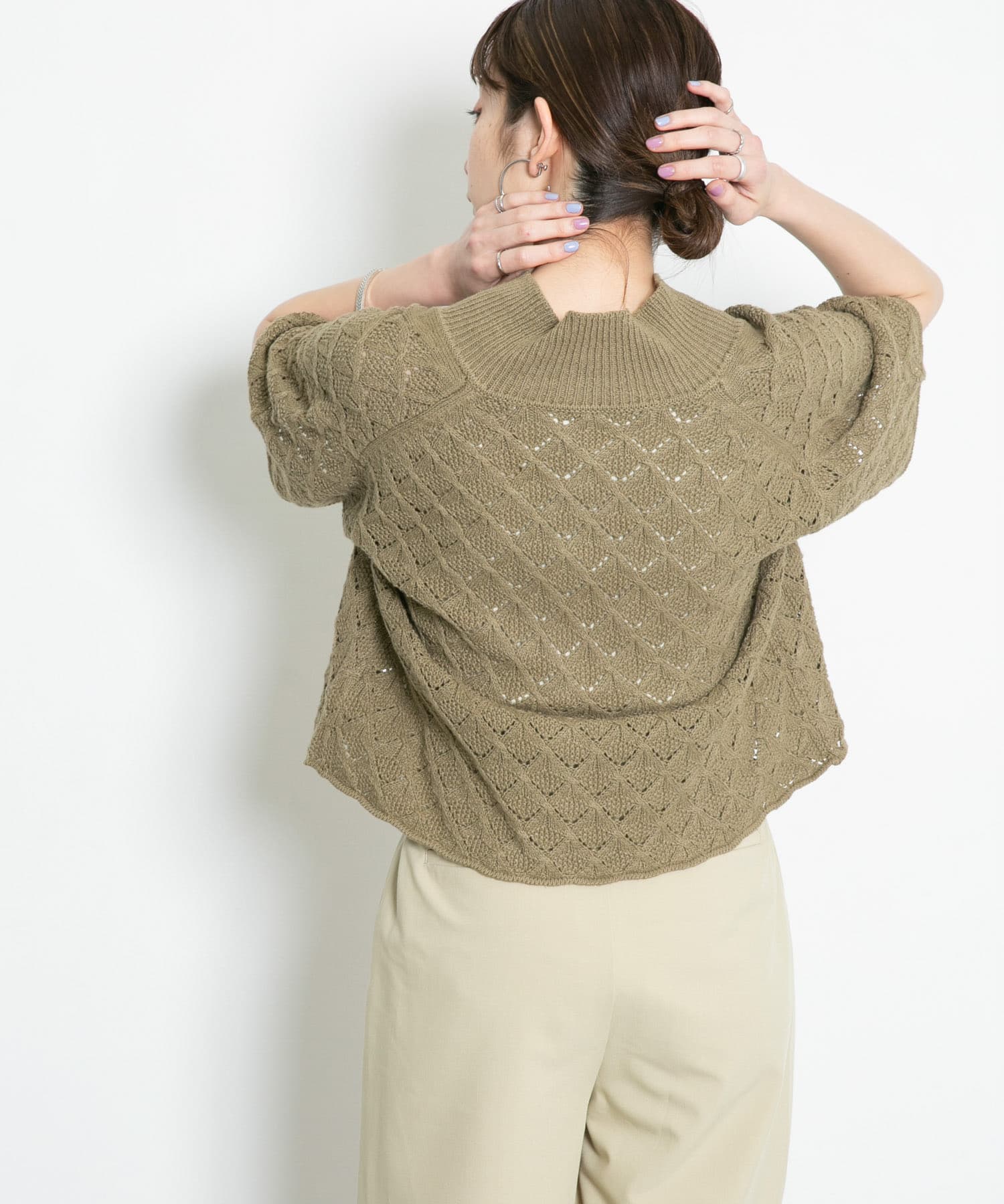 透かし編みオープンカラーニット KHAKI one