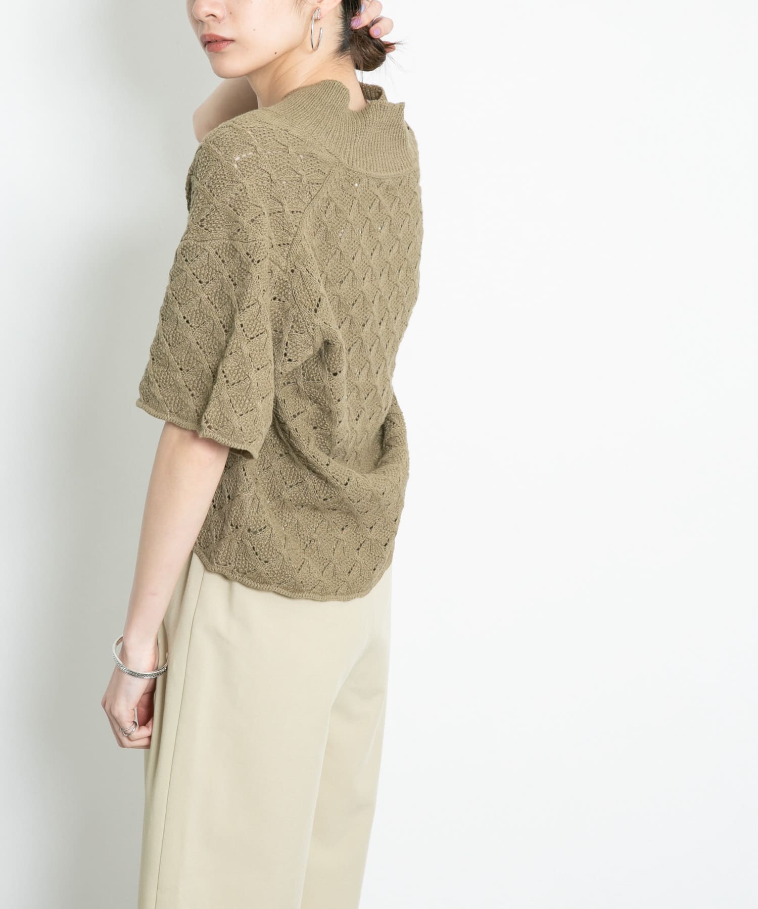 透かし編みオープンカラーニット KHAKI one