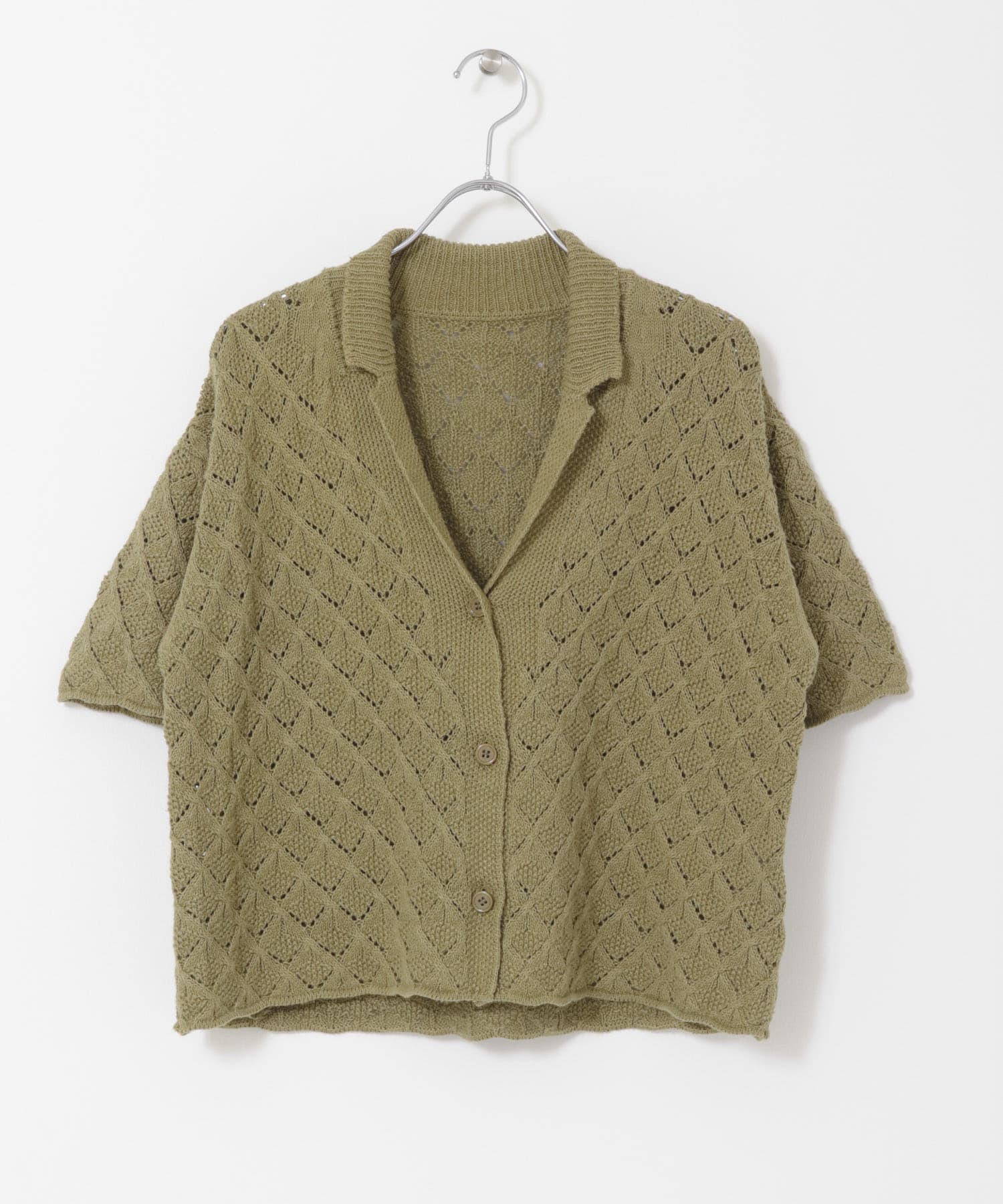 透かし編みオープンカラーニット KHAKI one