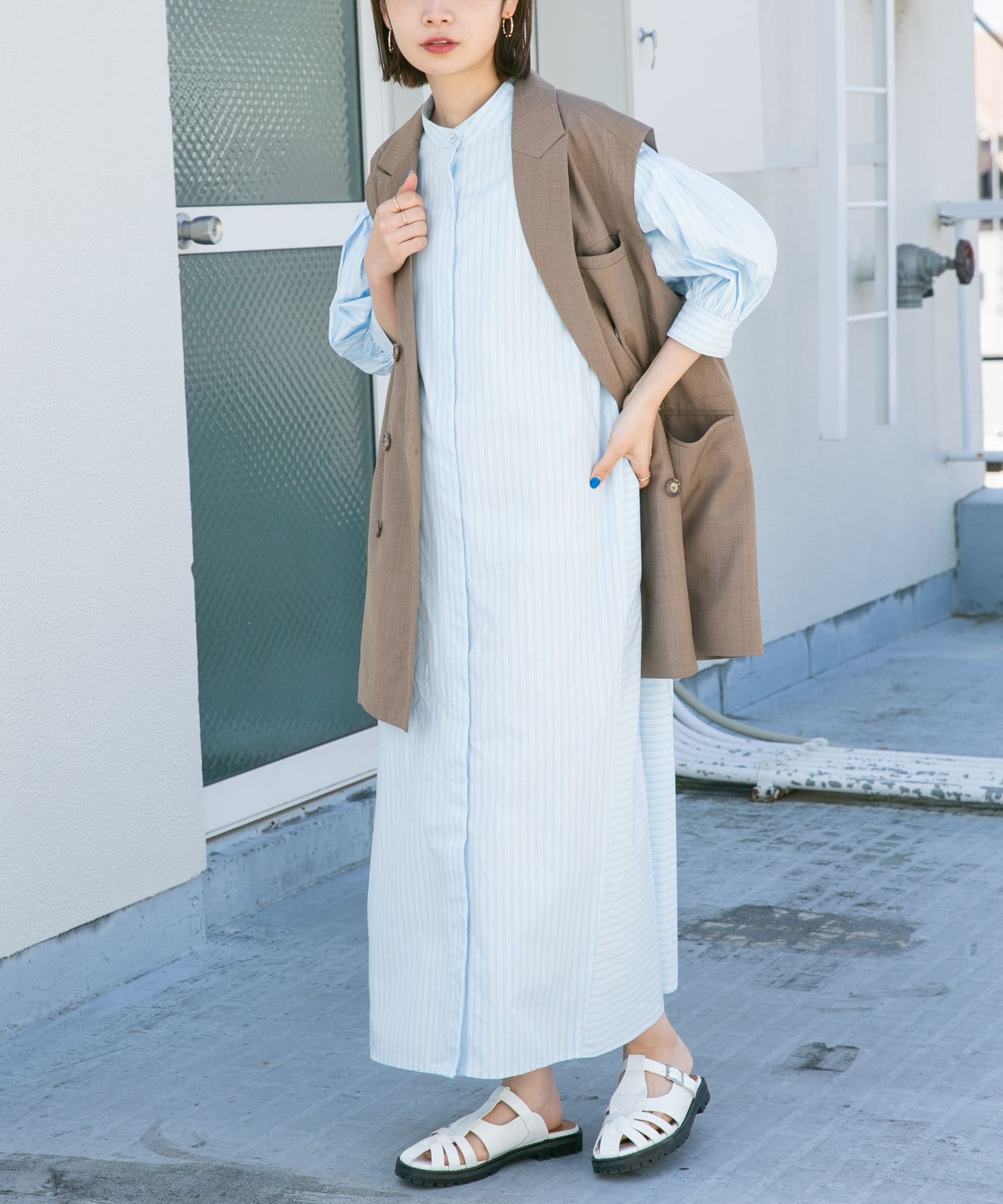 ストライプパフスリーブワンピース L.BLUE one