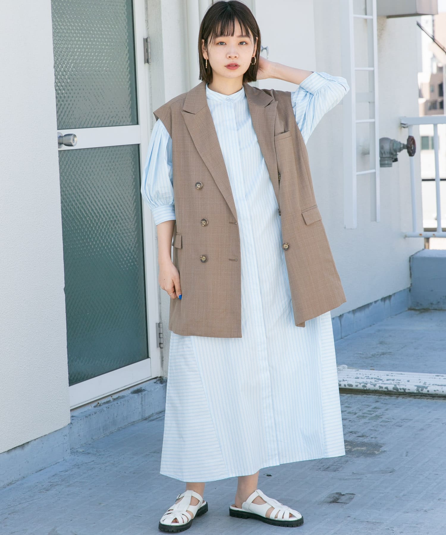 ストライプパフスリーブワンピース L.BLUE one