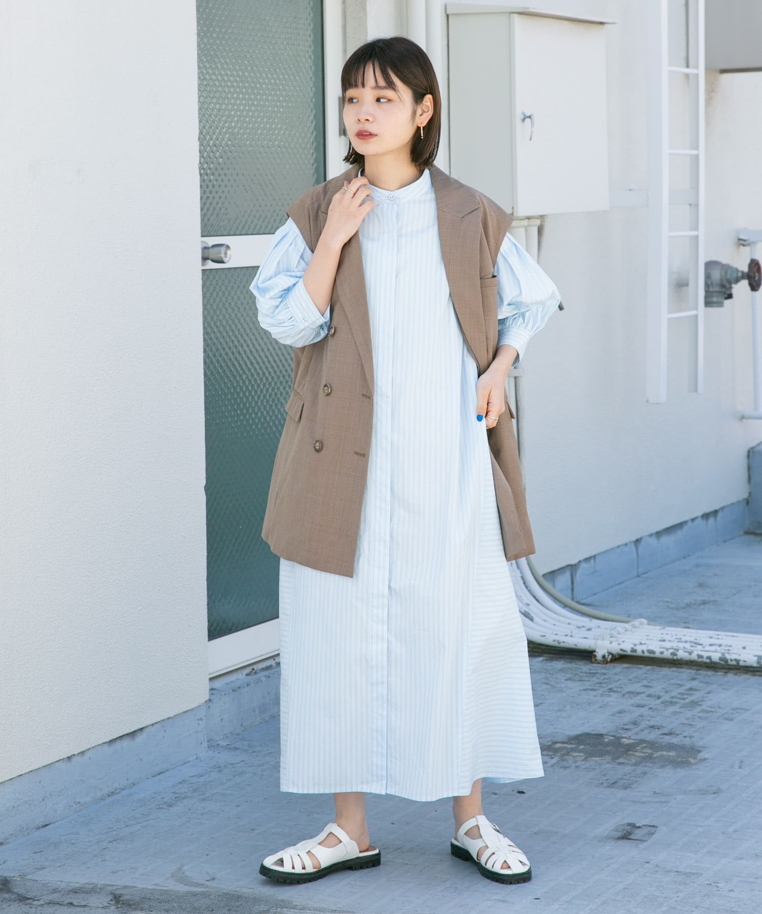 ストライプパフスリーブワンピース L.BLUE one