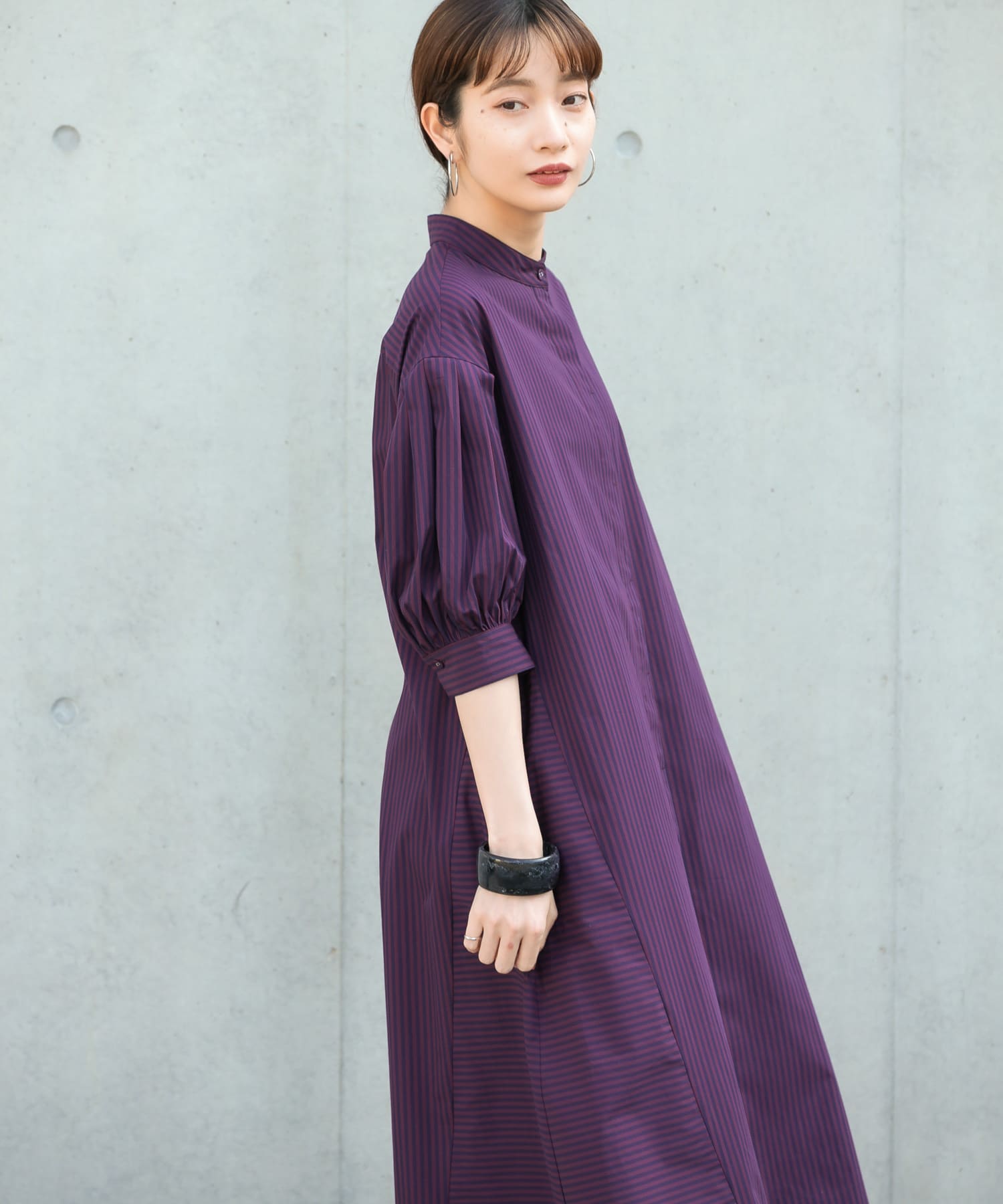 ストライプパフスリーブワンピース BURGUNDY one