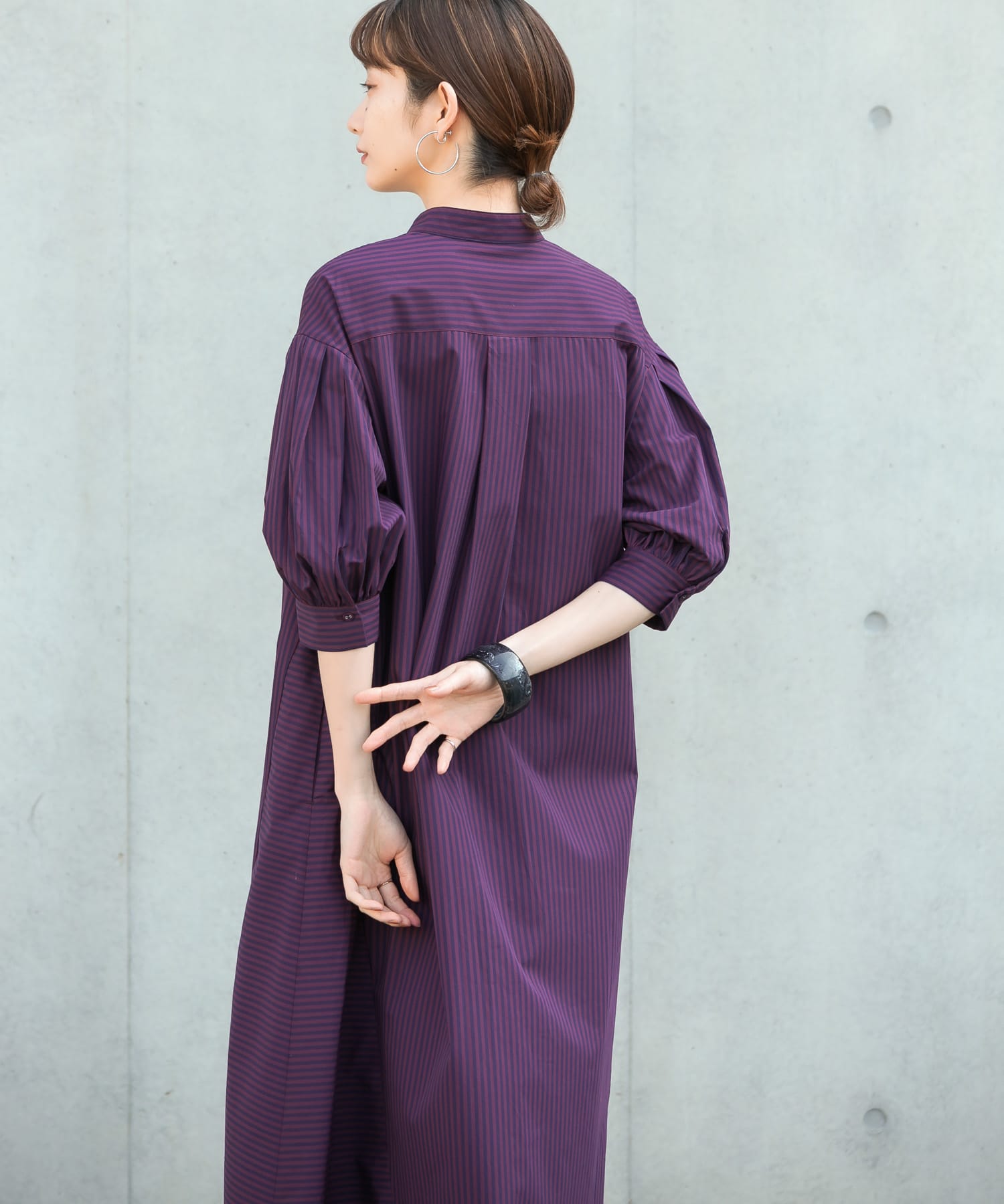 ストライプパフスリーブワンピース BURGUNDY one