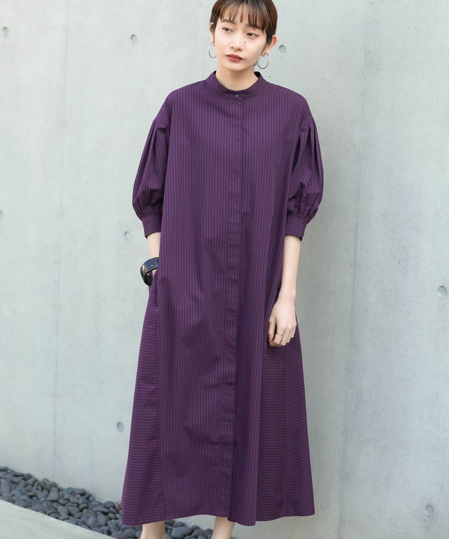 ストライプパフスリーブワンピース BURGUNDY one
