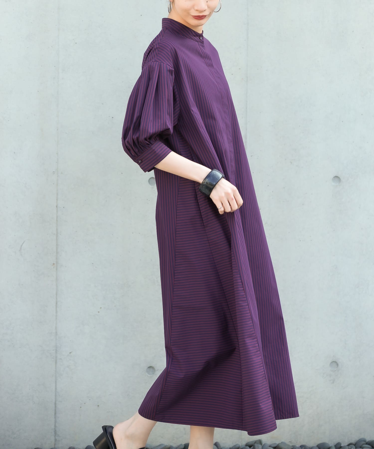 ストライプパフスリーブワンピース BURGUNDY one