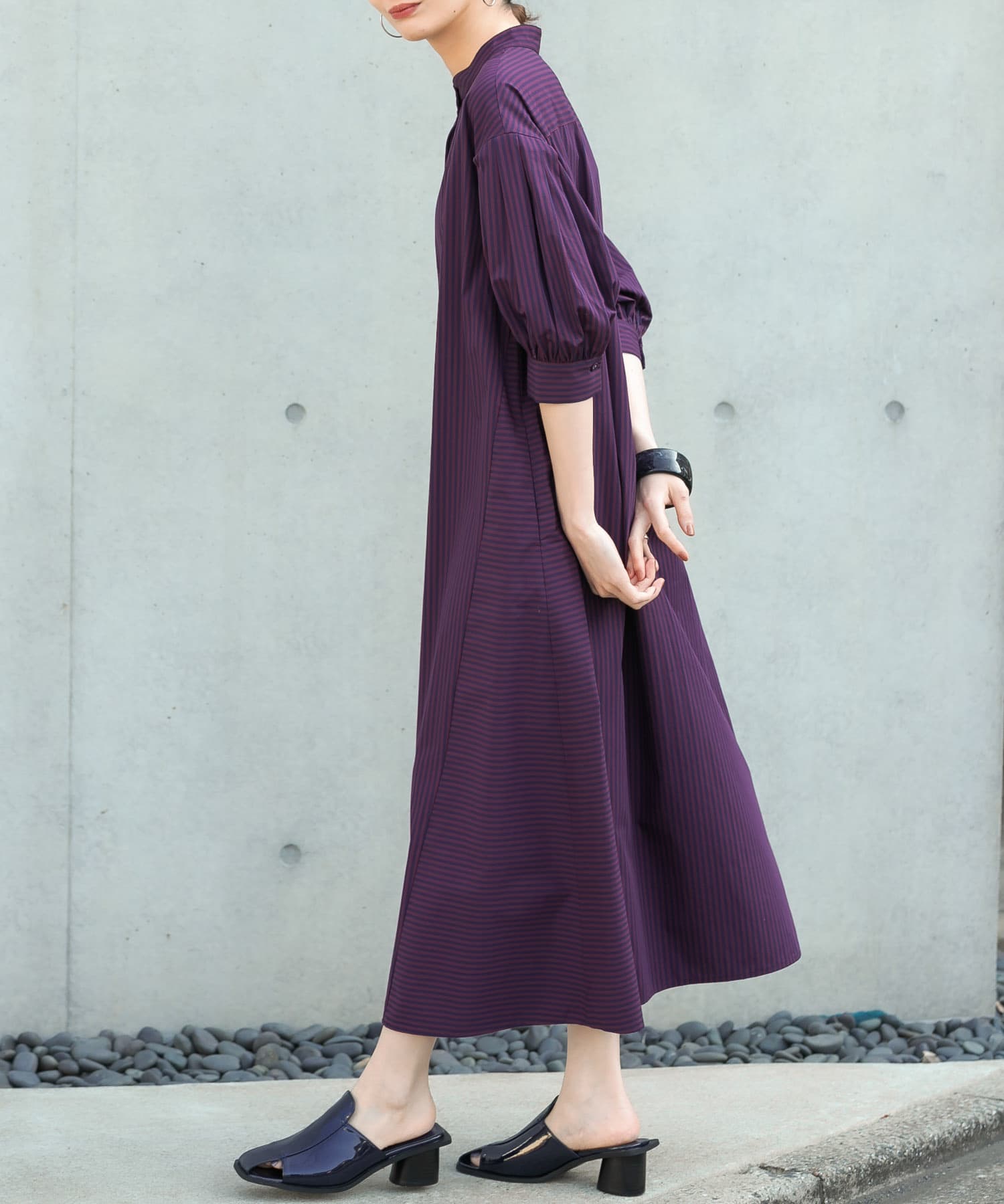 ストライプパフスリーブワンピース BURGUNDY one