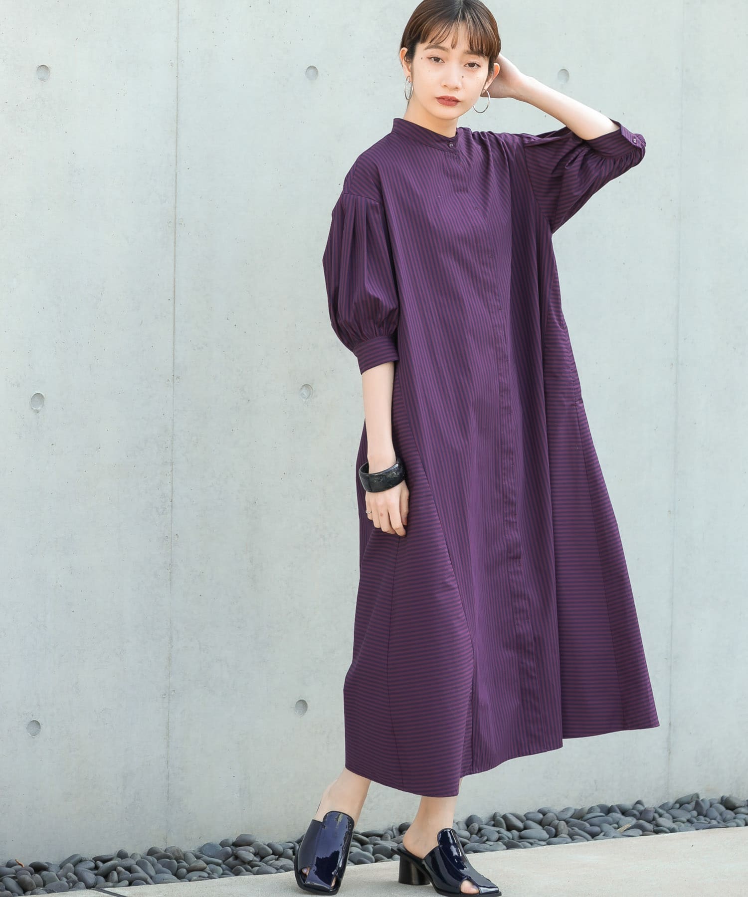 ストライプパフスリーブワンピース BURGUNDY one