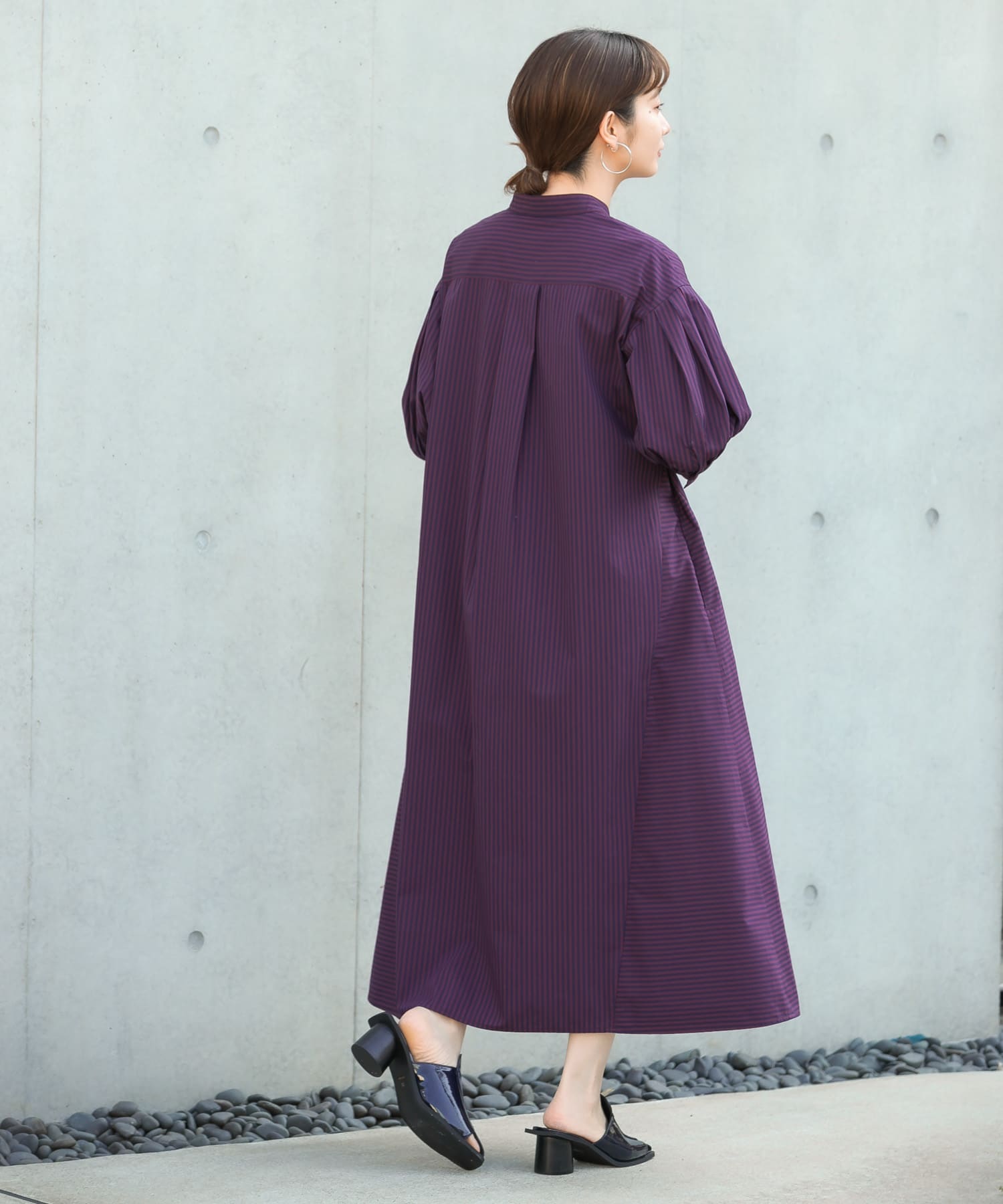 ストライプパフスリーブワンピース BURGUNDY one