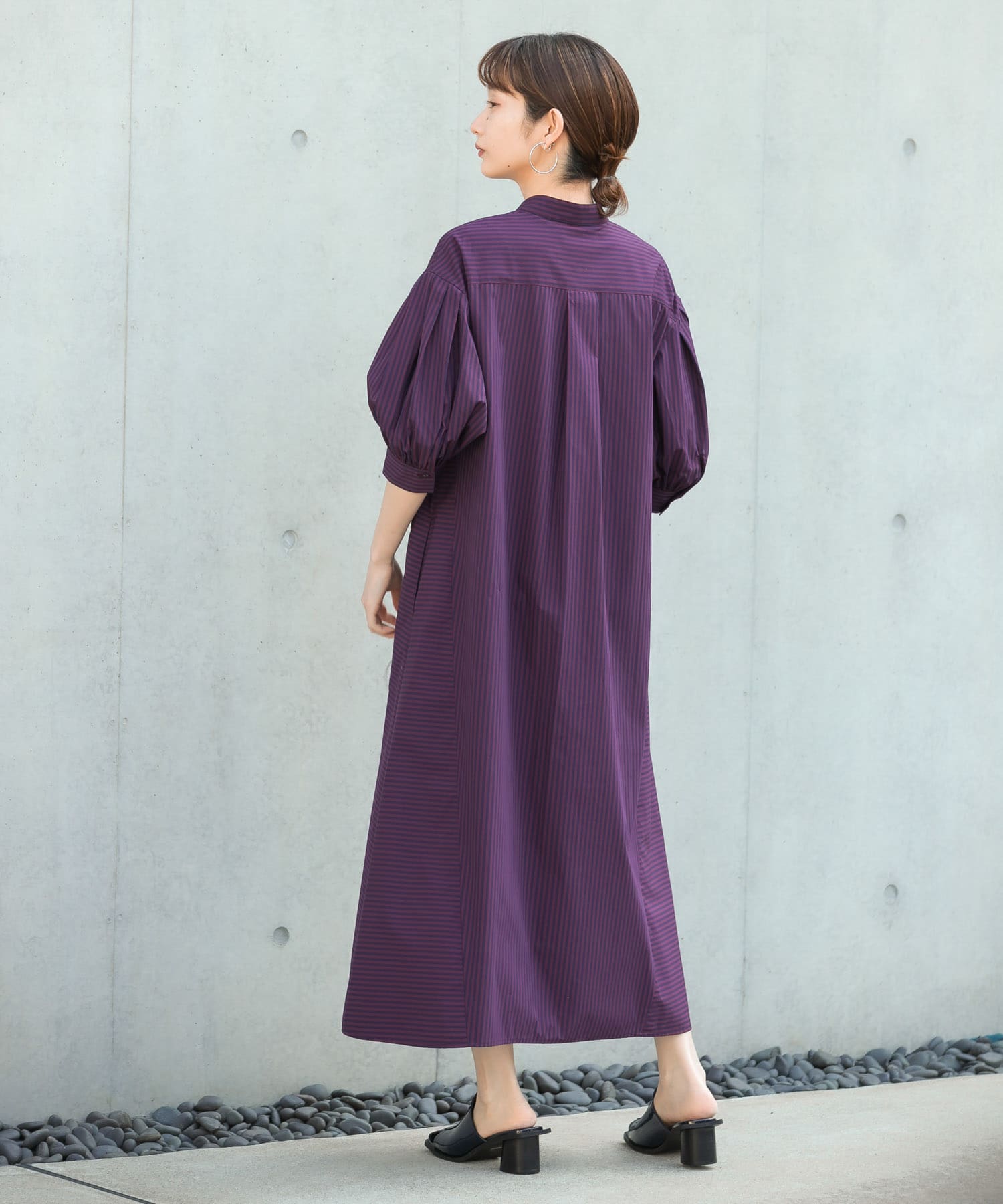 ストライプパフスリーブワンピース BURGUNDY one