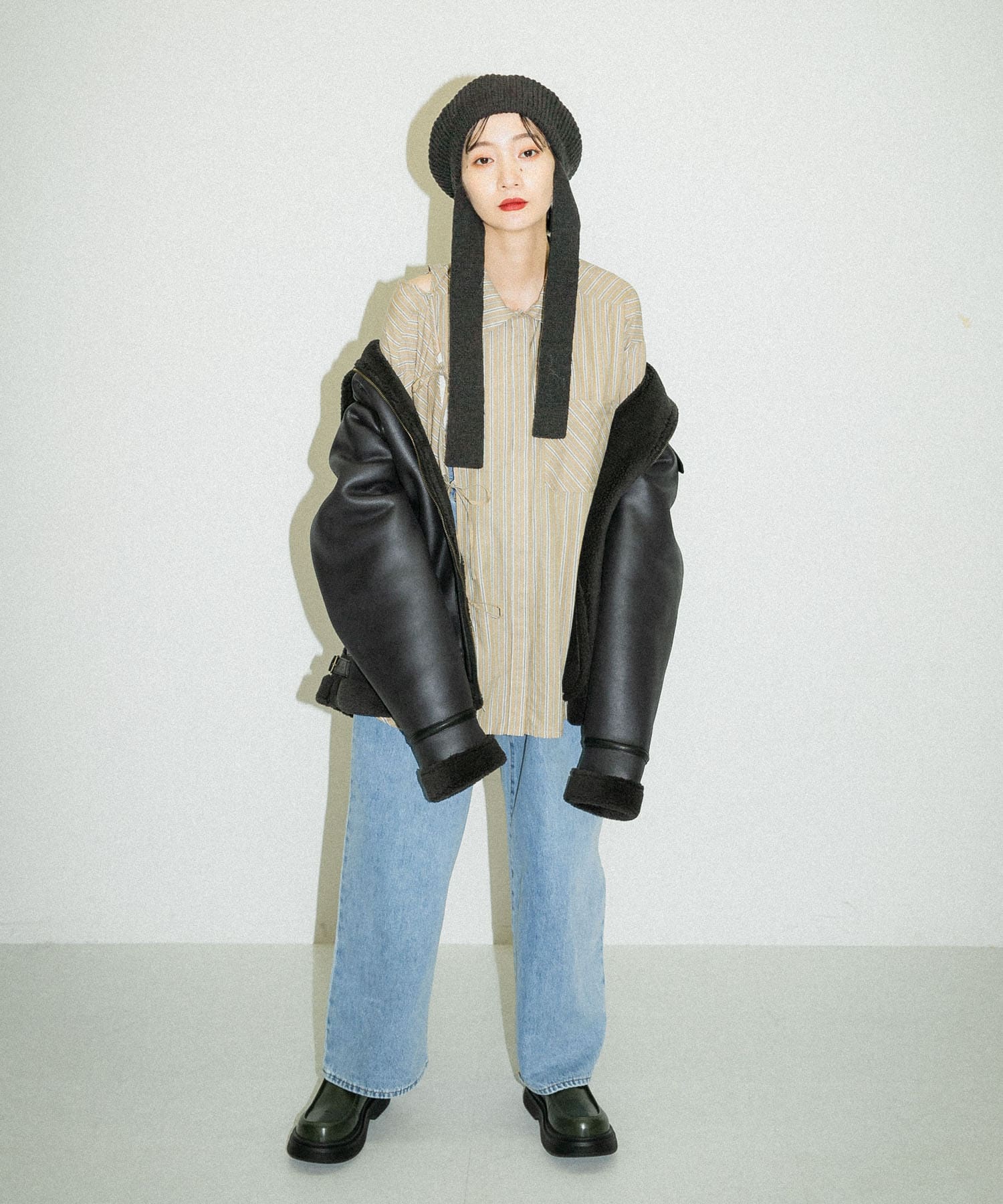 リボン付きニットベレー帽 CHARCOAL one