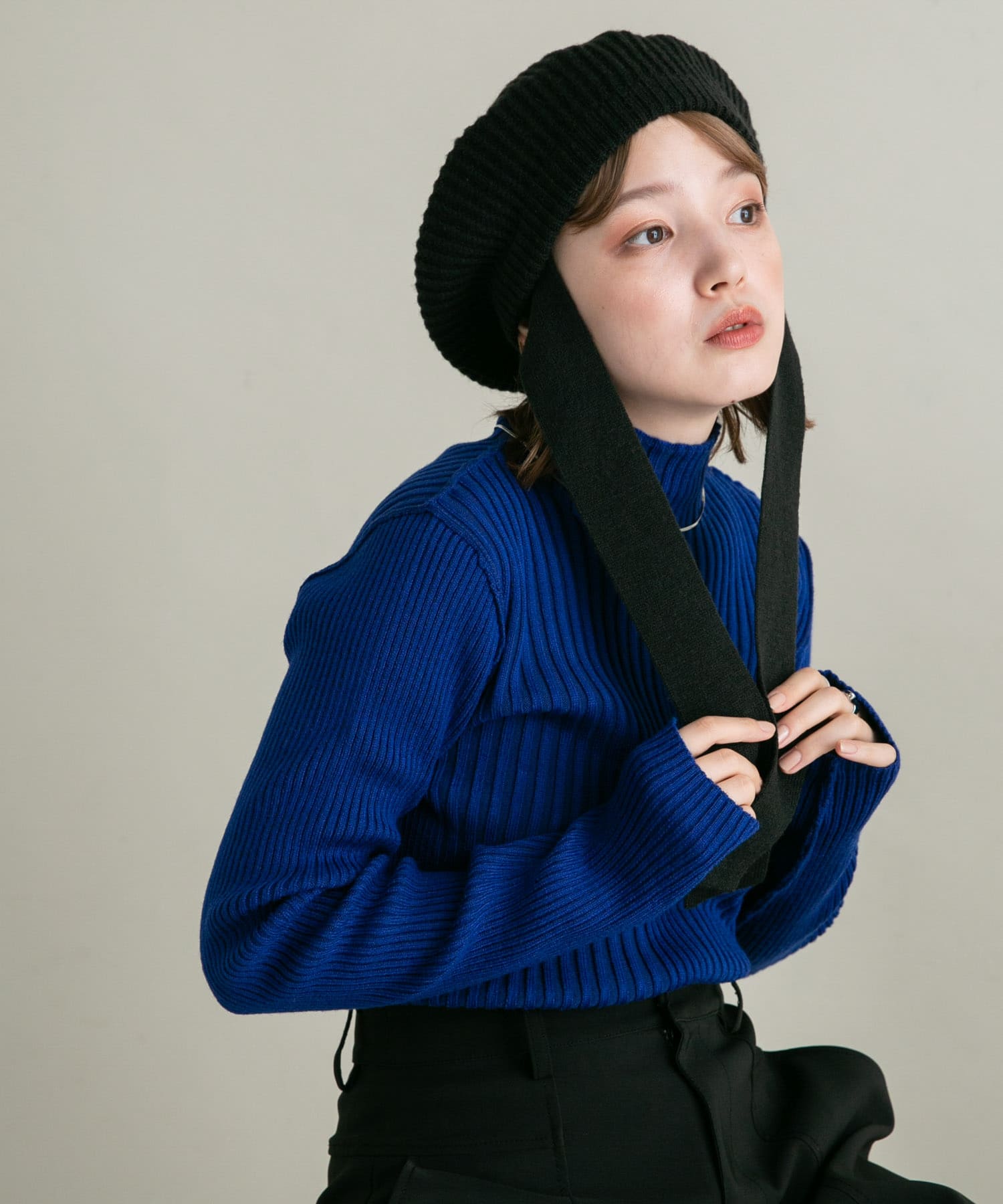 リボン付きニットベレー帽 BLACK one