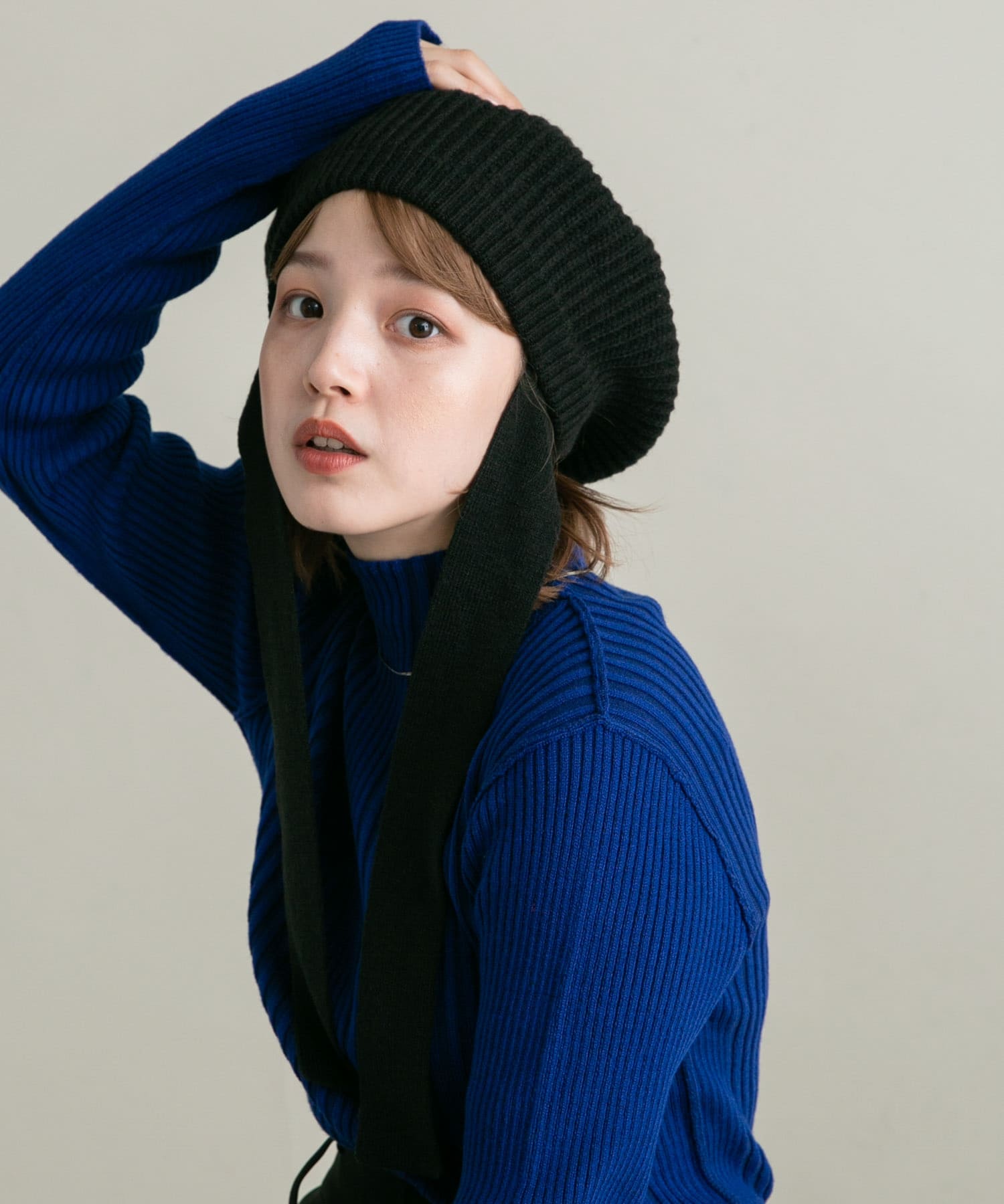 リボン付きニットベレー帽 BLACK one