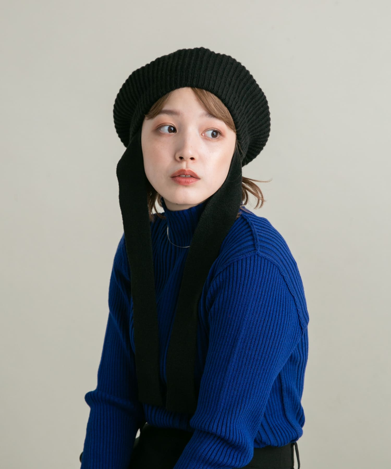 リボン付きニットベレー帽 BLACK one