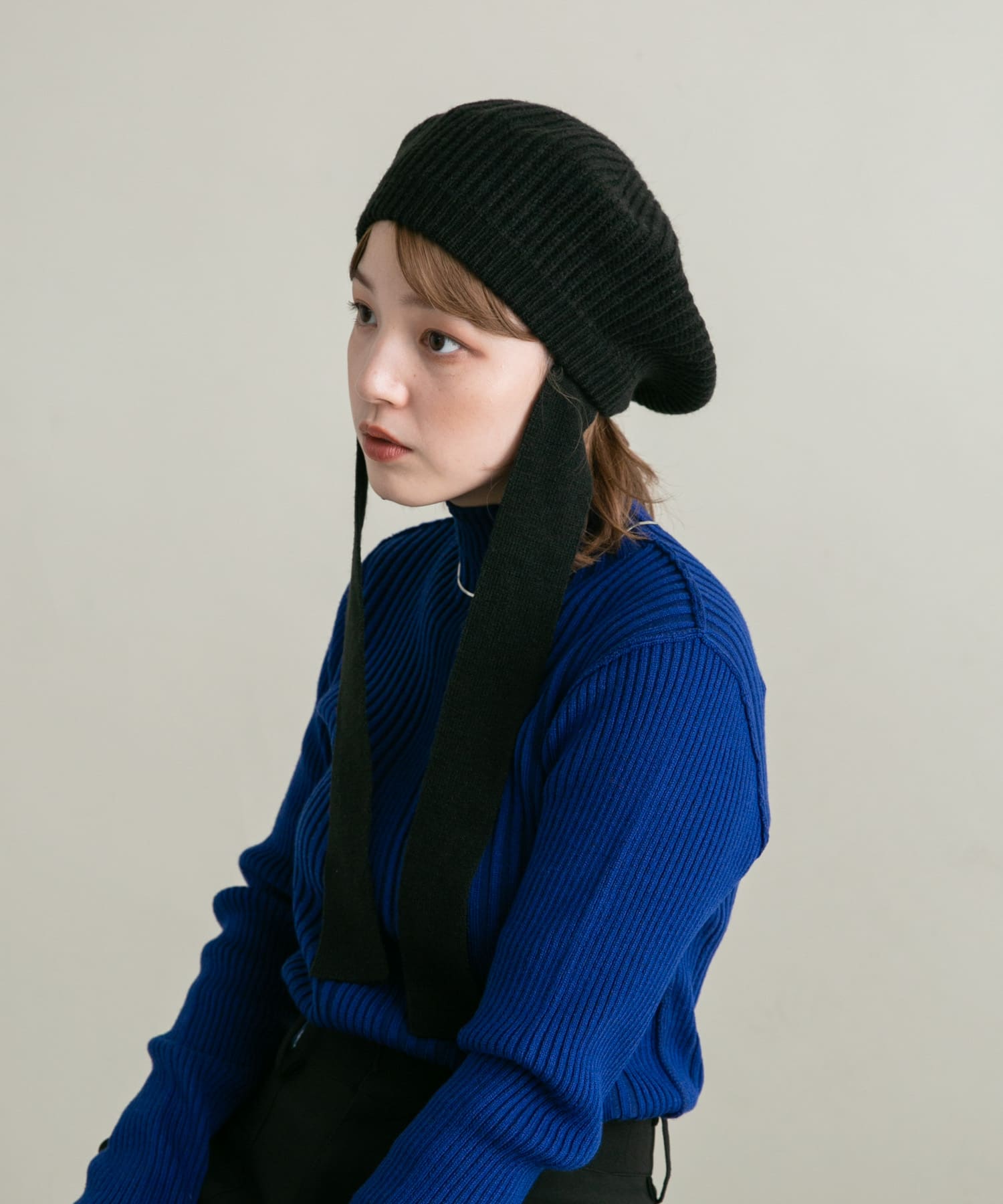 リボン付きニットベレー帽 BLACK one