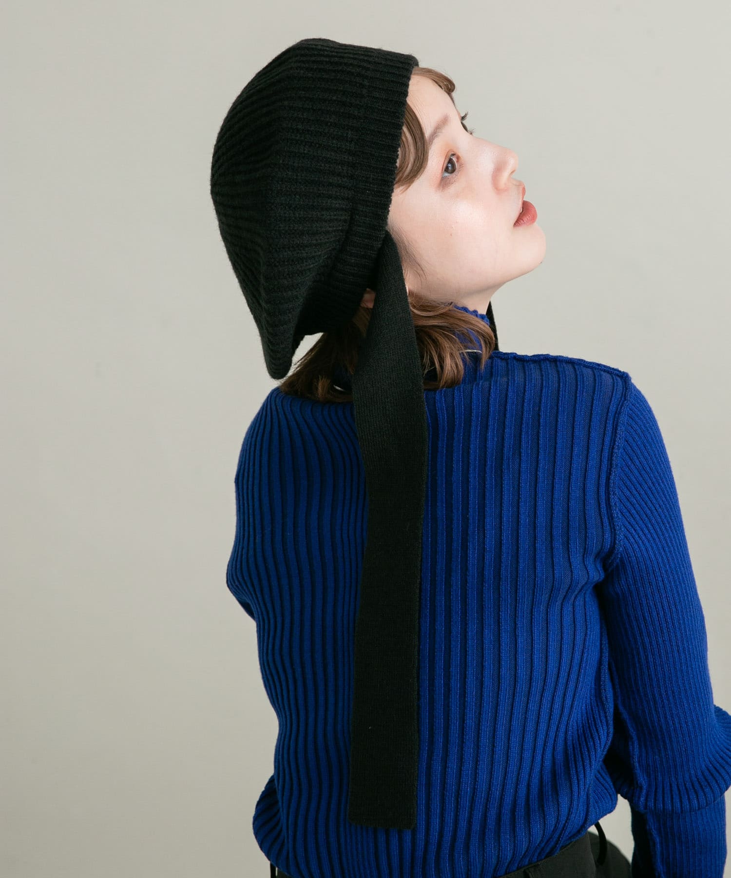 リボン付きニットベレー帽 BLACK one