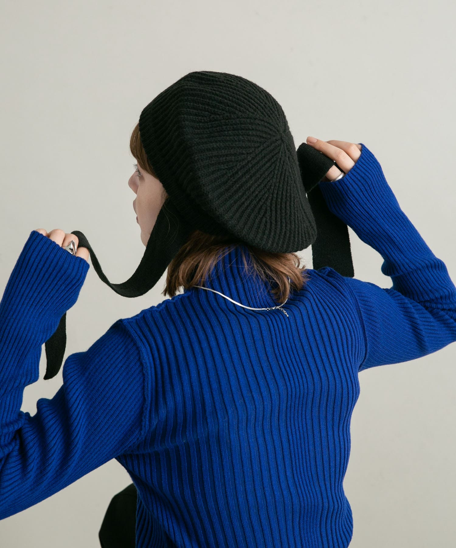 リボン付きニットベレー帽 BLACK one