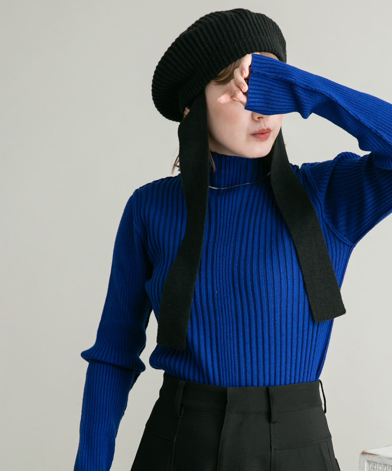 リボン付きニットベレー帽 BLACK one