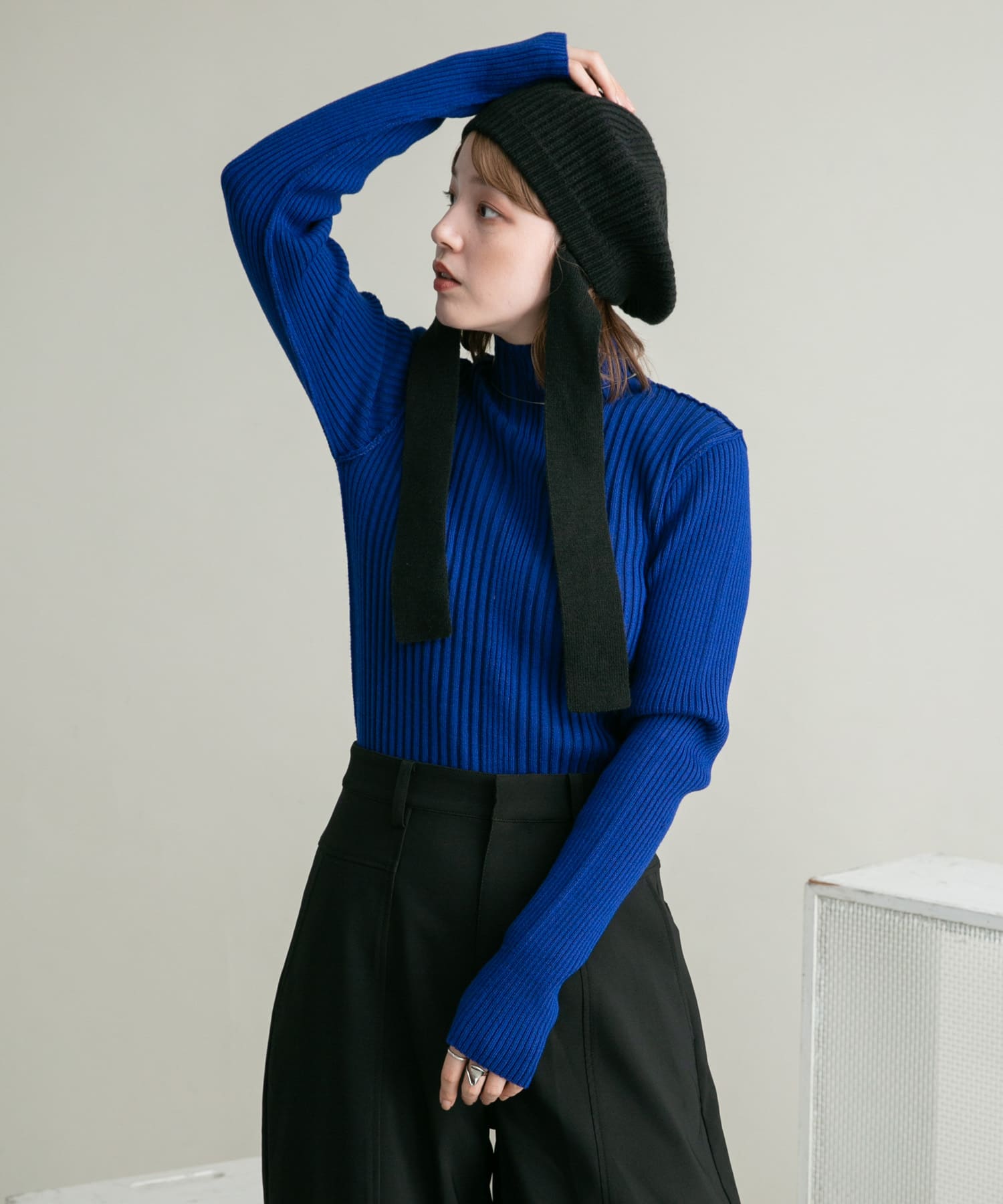 リボン付きニットベレー帽 BLACK one