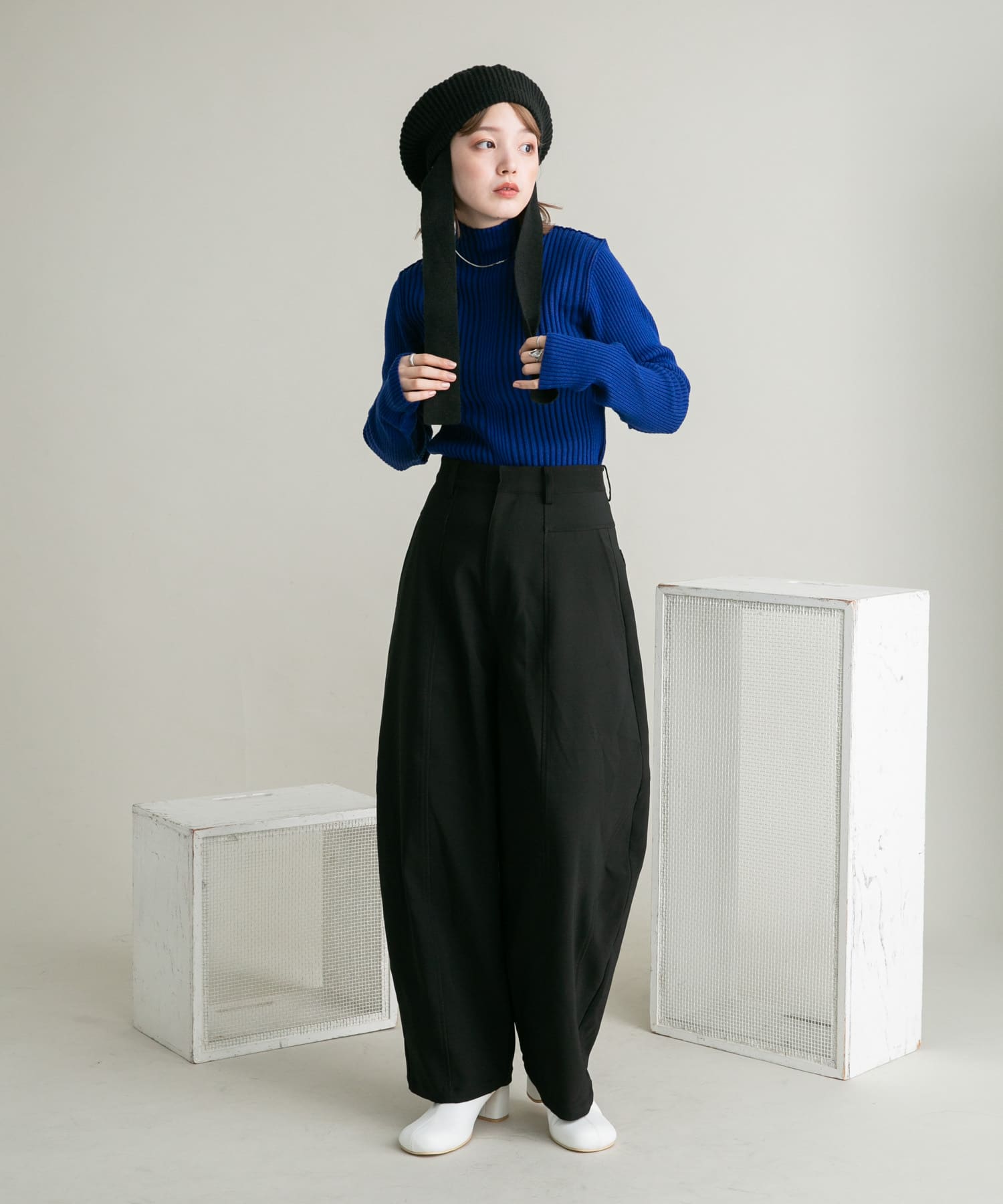 リボン付きニットベレー帽 BLACK one