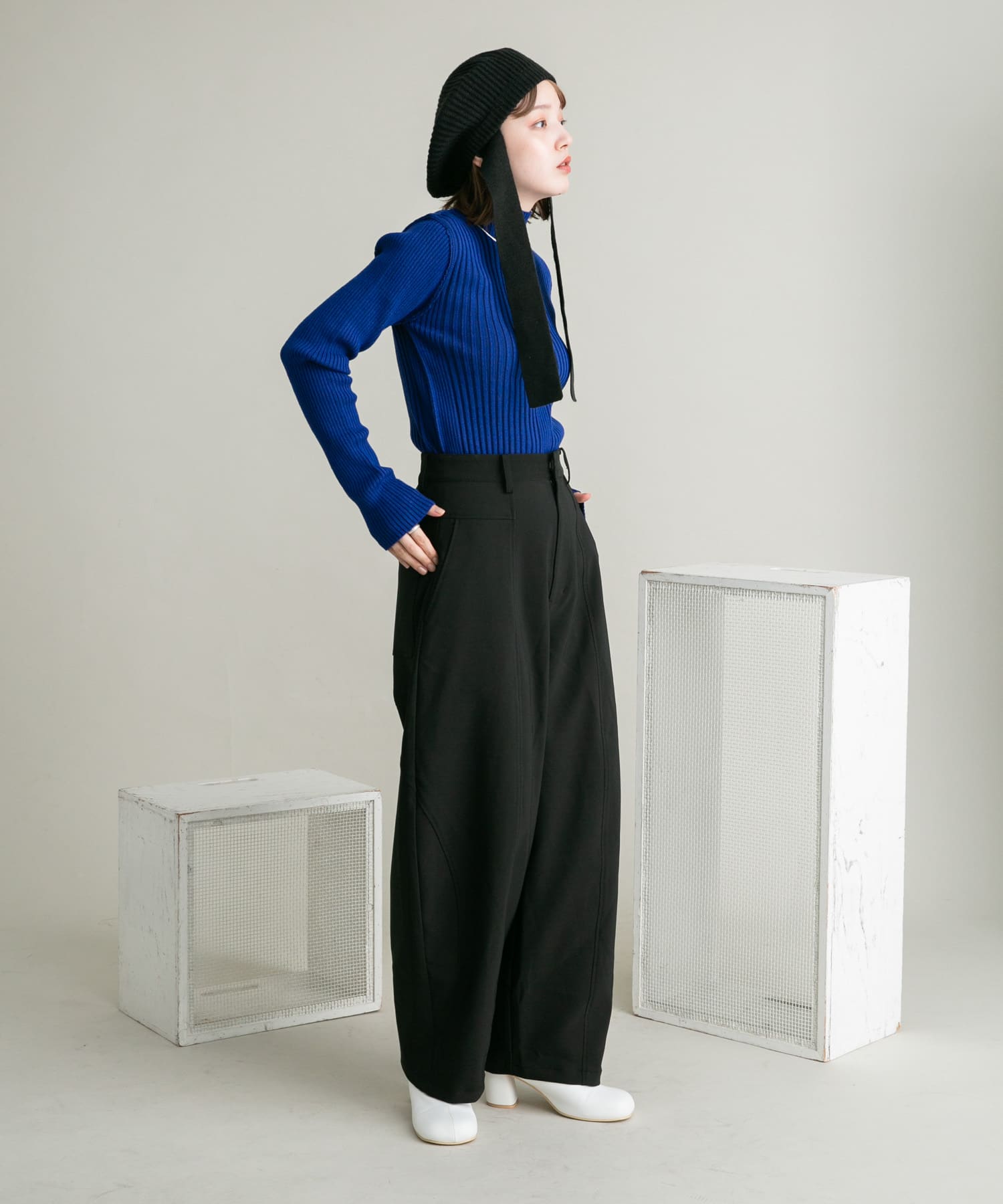 リボン付きニットベレー帽 BLACK one