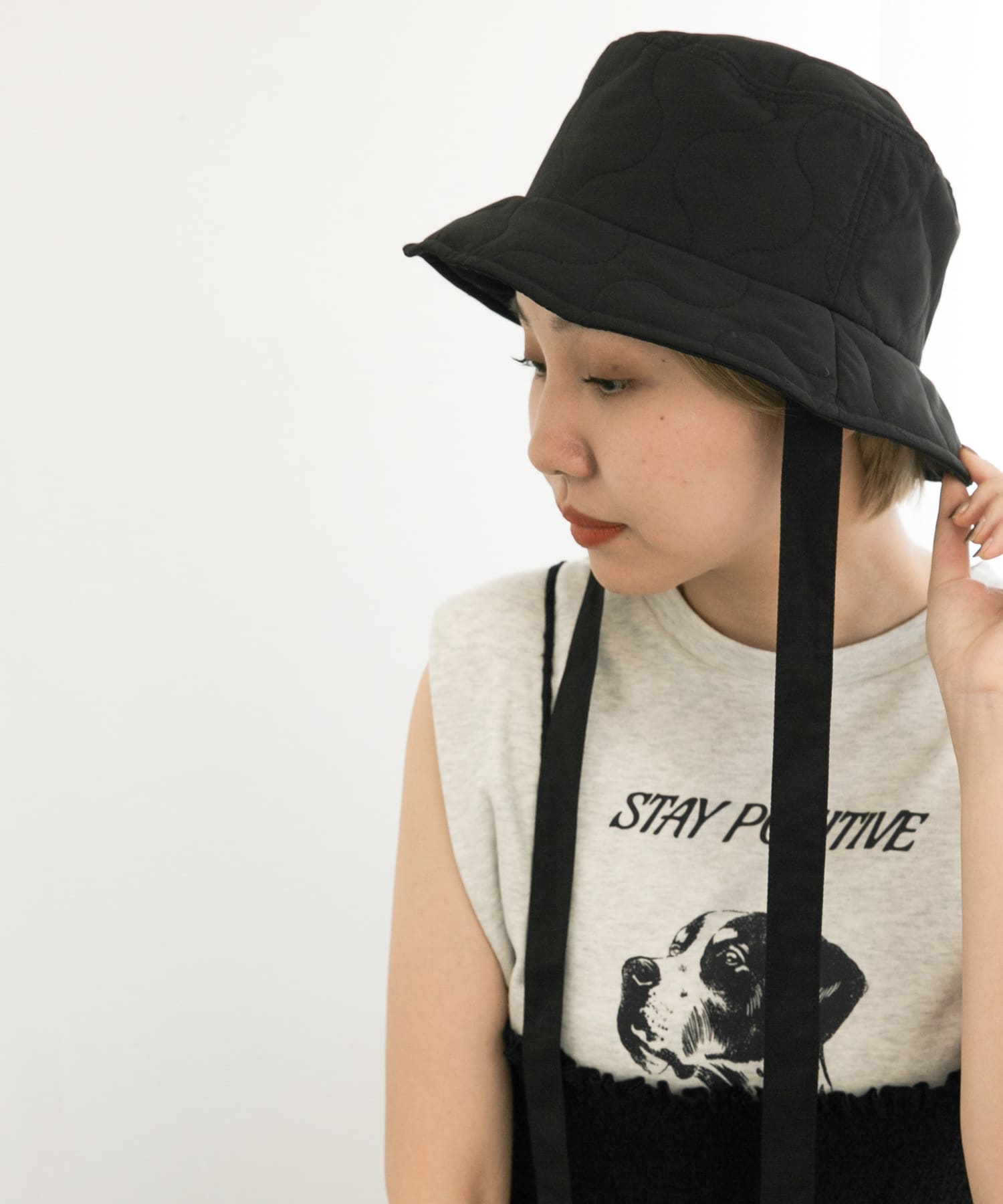 リボン付きキルティングバケットHAT BLACK one