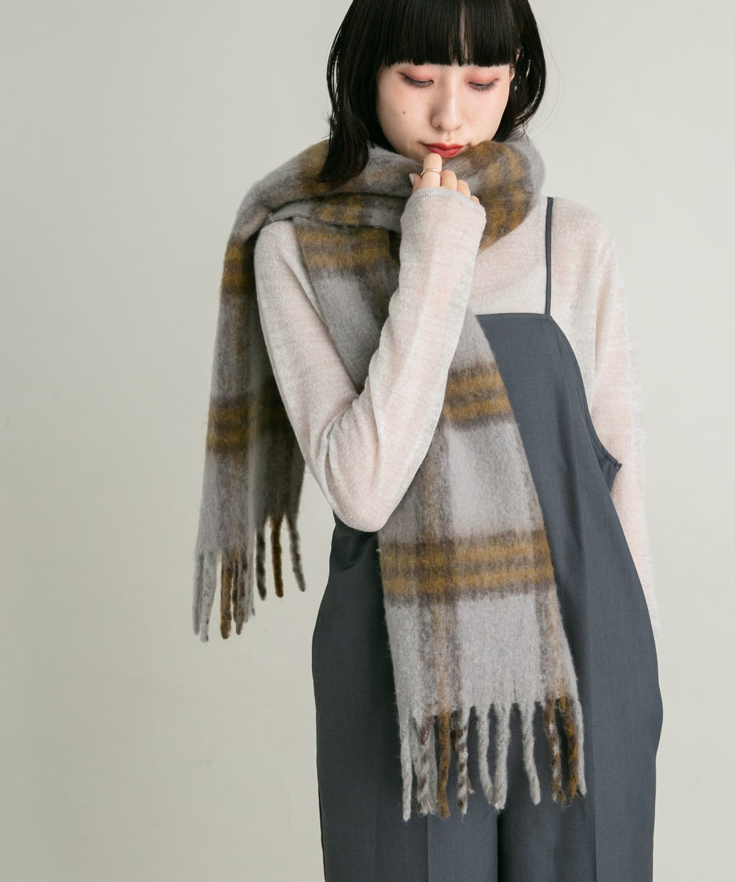BIGフリンジチェックストール GRAY×MTD one