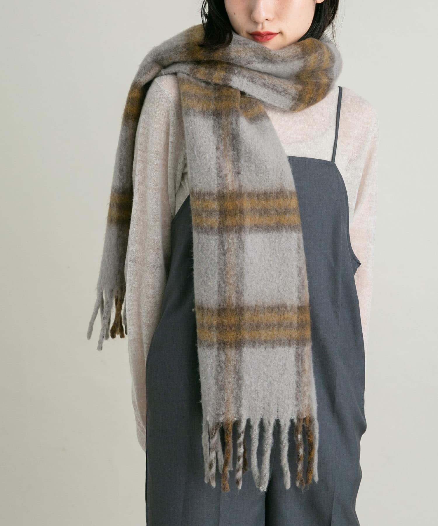 BIGフリンジチェックストール GRAY×MTD one