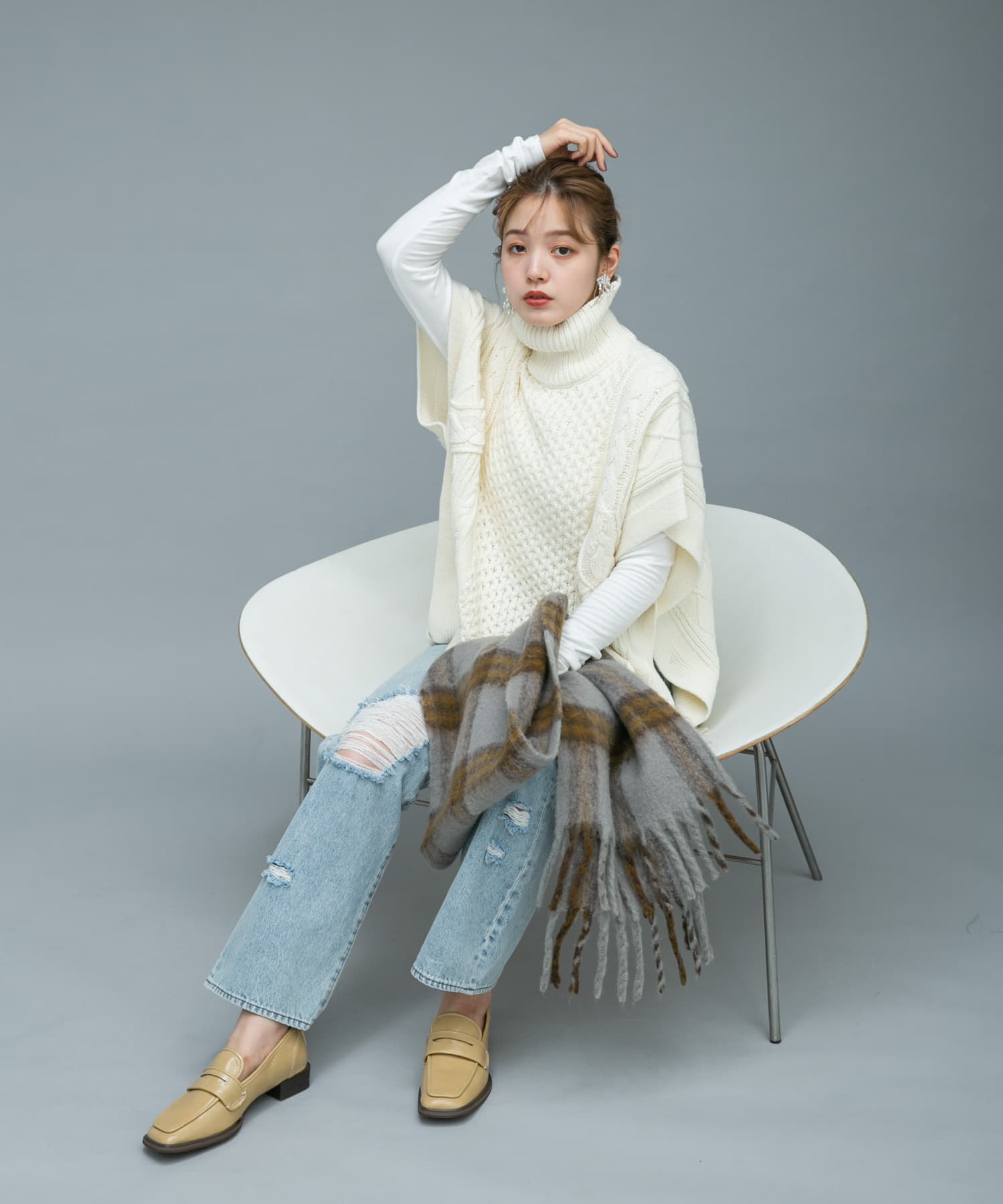 BIGフリンジチェックストール GRAY×MTD one