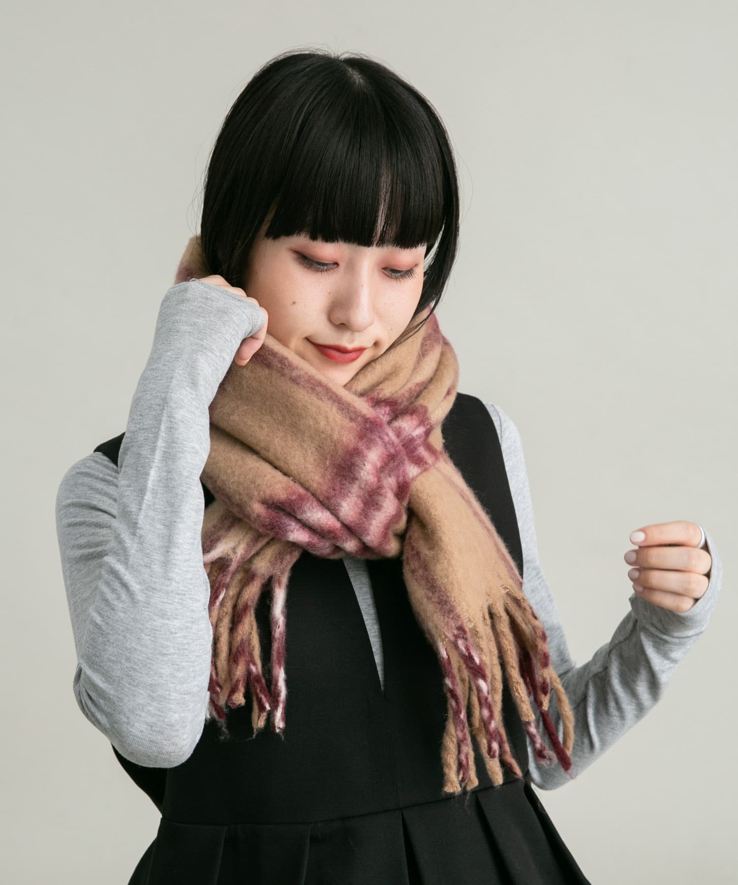 BIGフリンジチェックストール CAMEL×RED one