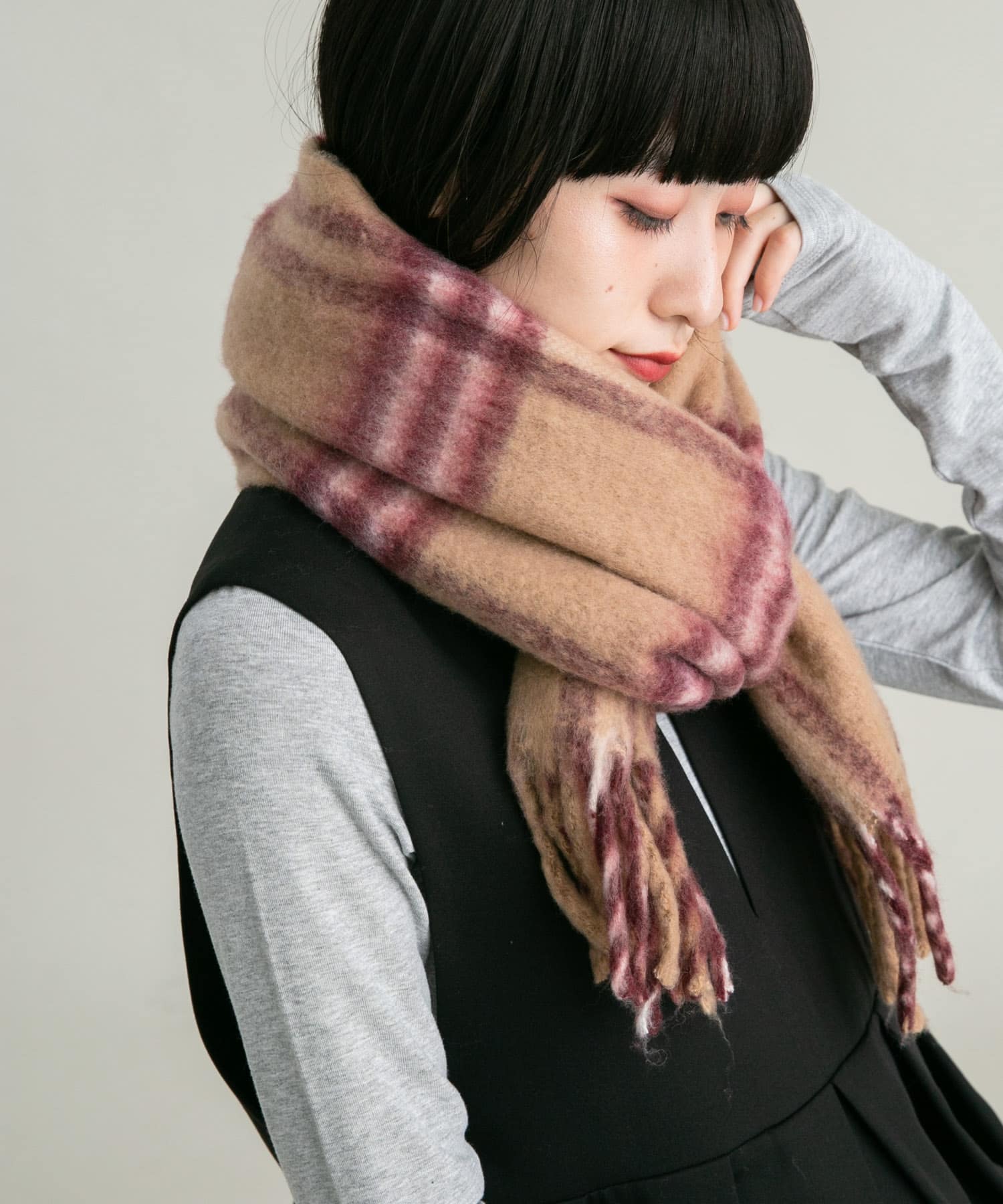 BIGフリンジチェックストール CAMEL×RED one