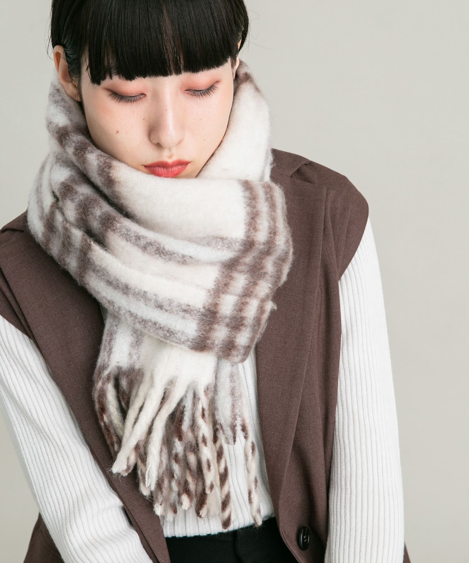 BIGフリンジチェックストール IVORY×BRN one
