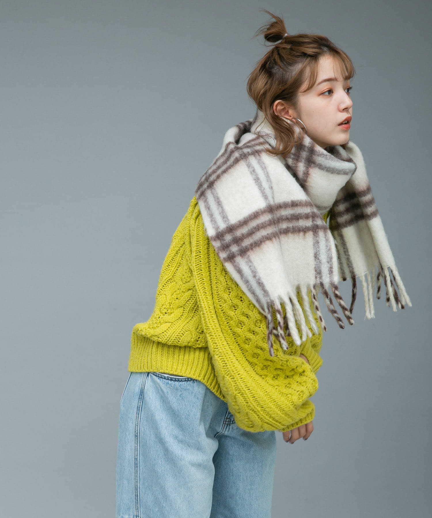 BIGフリンジチェックストール IVORY×BRN one