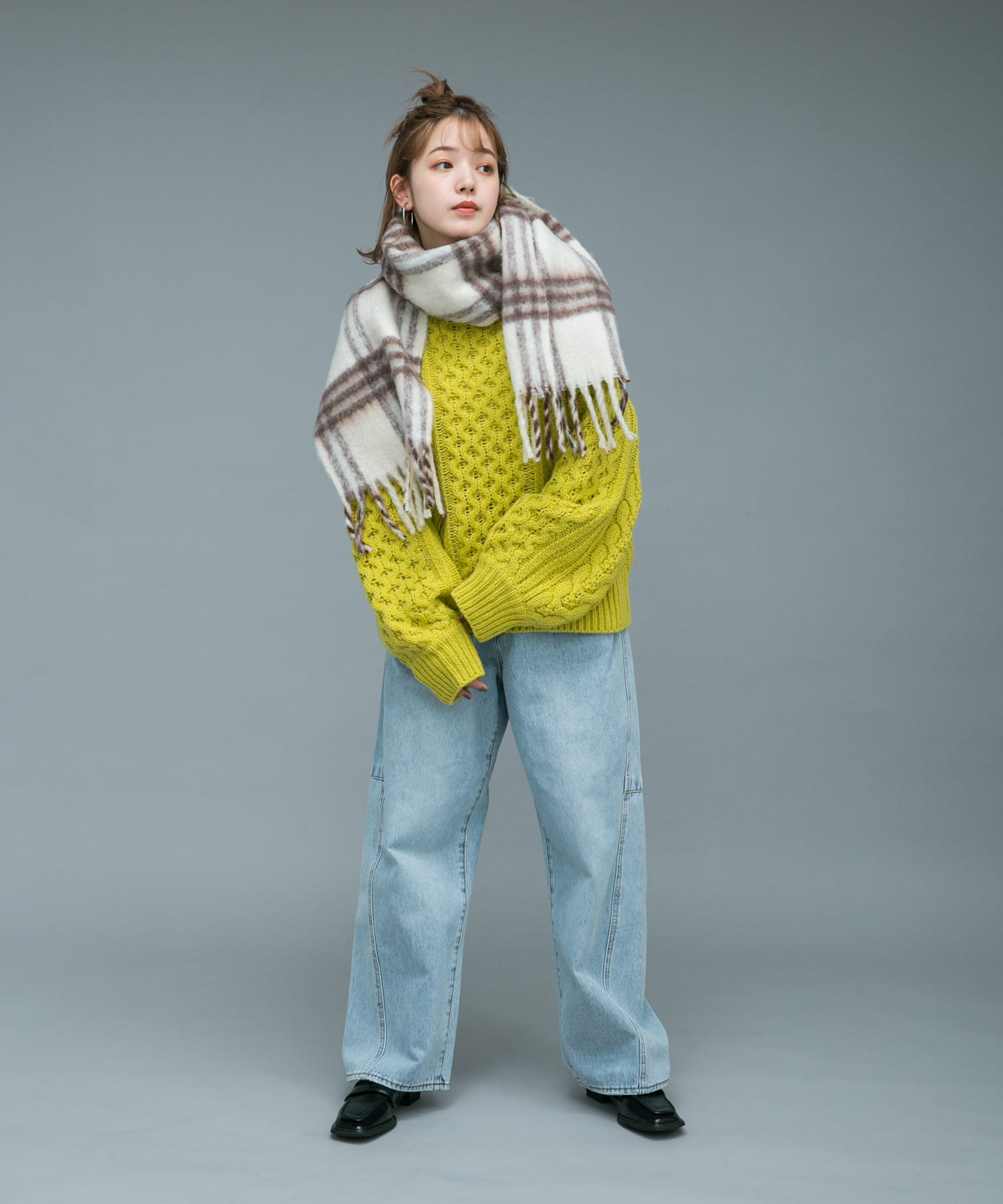 BIGフリンジチェックストール IVORY×BRN one