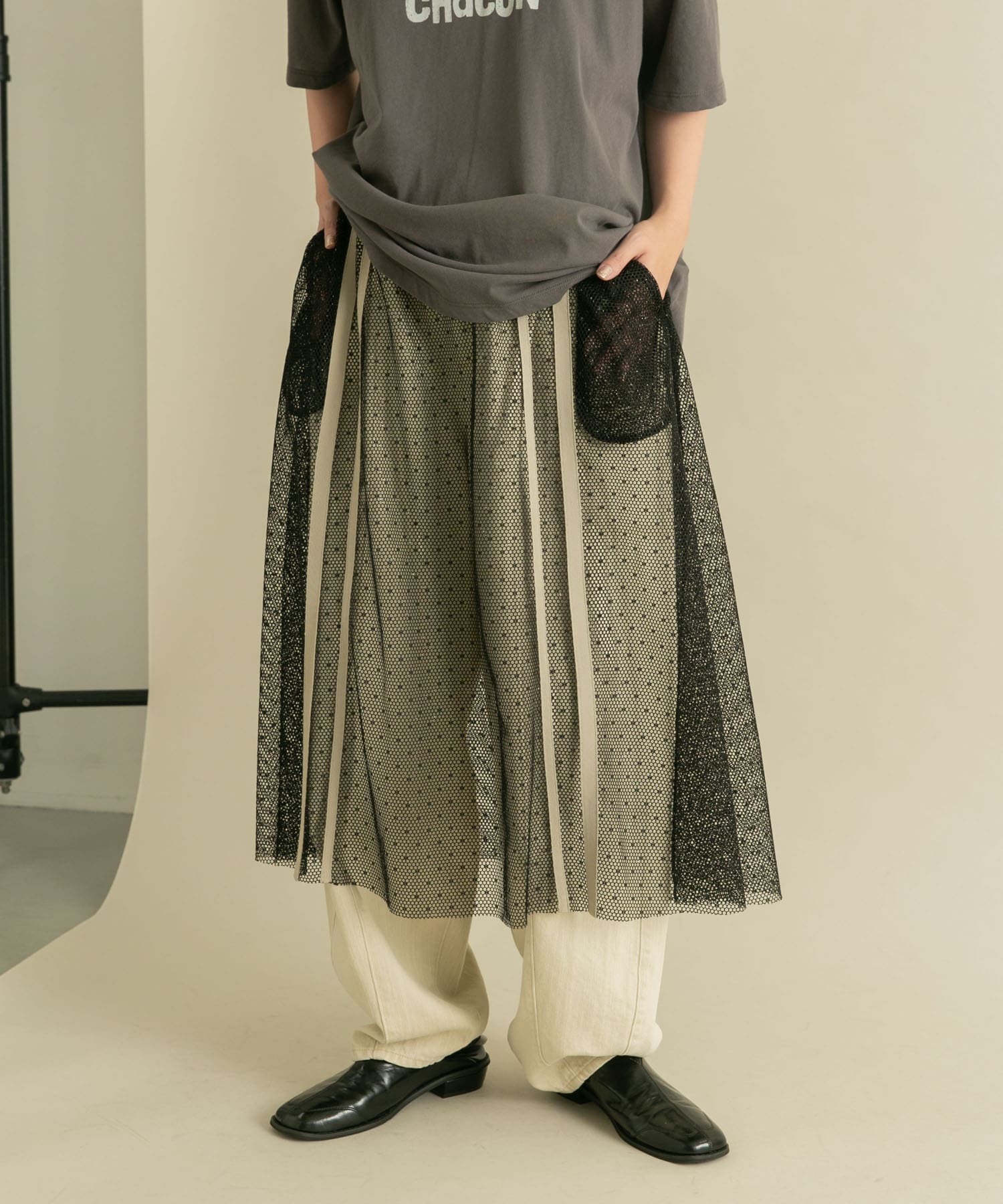 メッシュラインレイヤードスカート