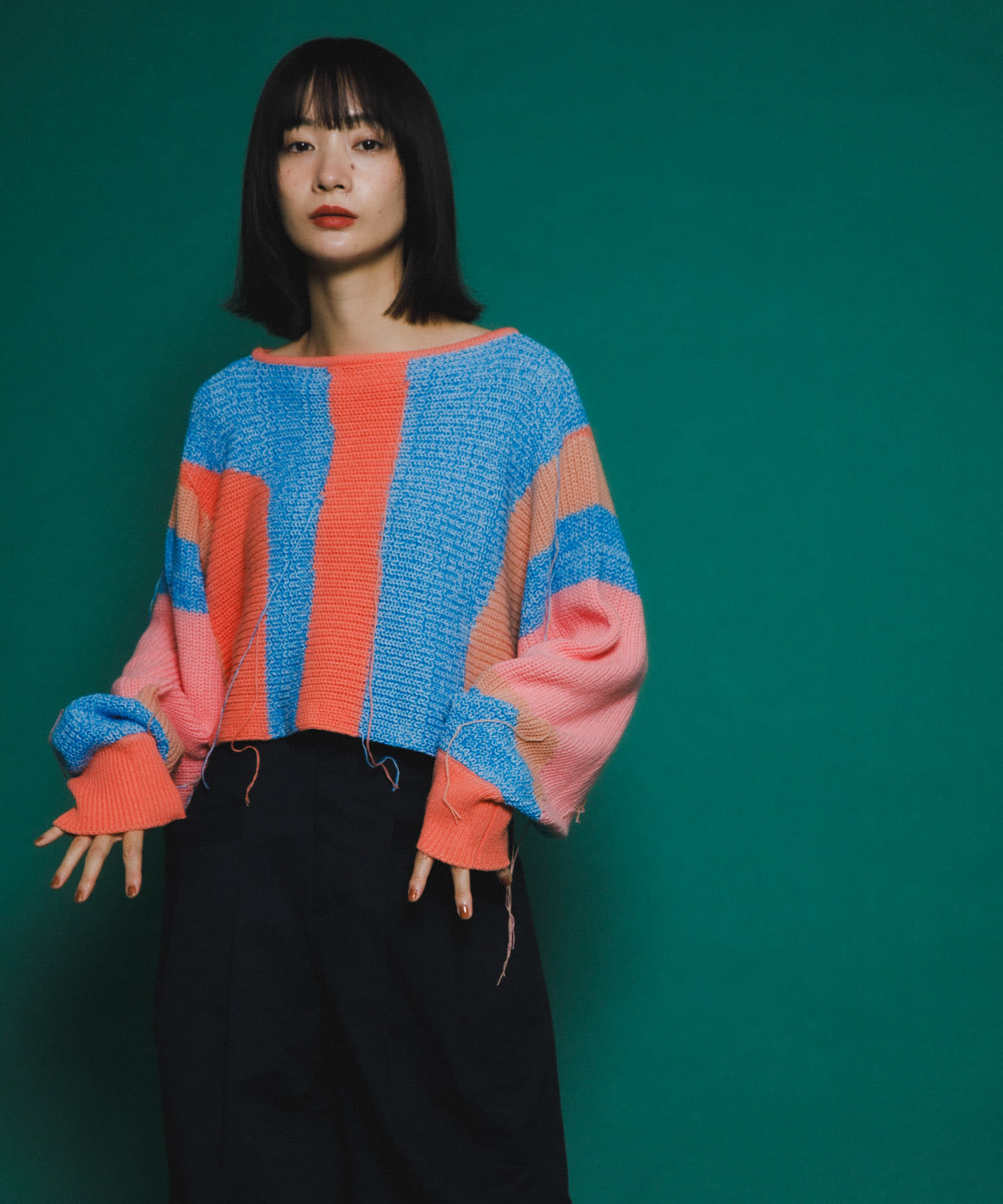 H BEAUTY&YOUTH ＜H＞スラビーコットン クロップド ニットシャツ アートフリンジクロップドニット(one MOSS GRAY): トップス｜URBAN