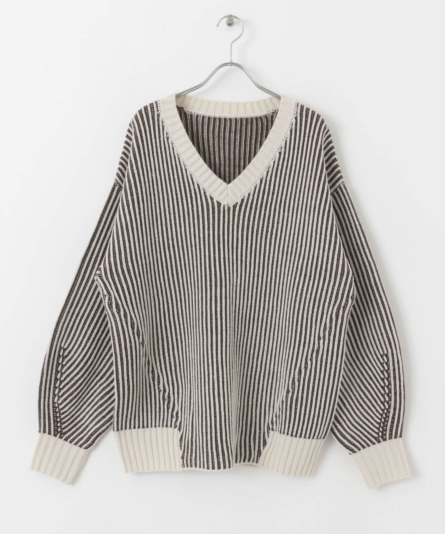 バイカラーRIBオーバーニット IVORY×BRN one