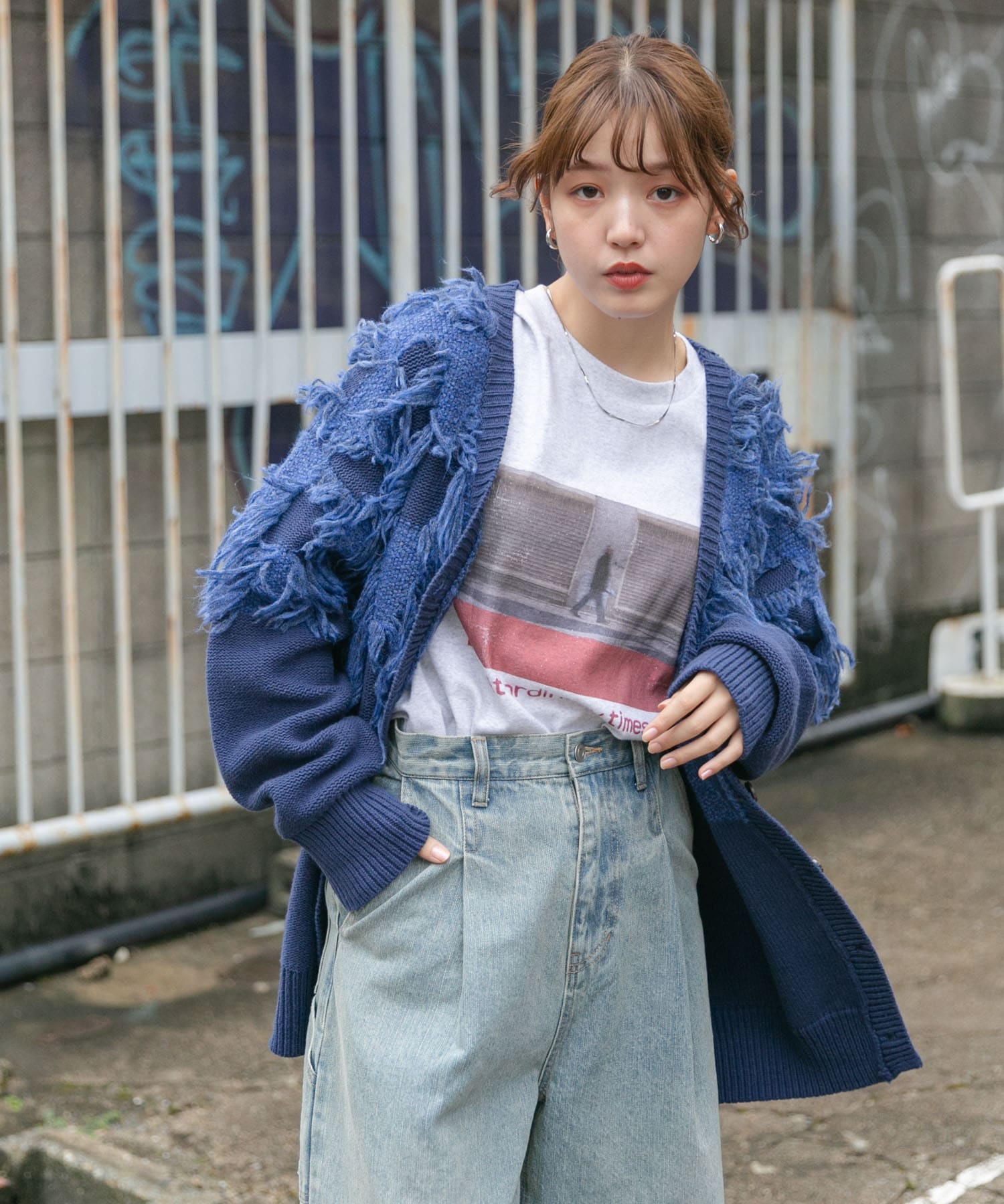 ジャガードフリンジカーディガン BLUE one